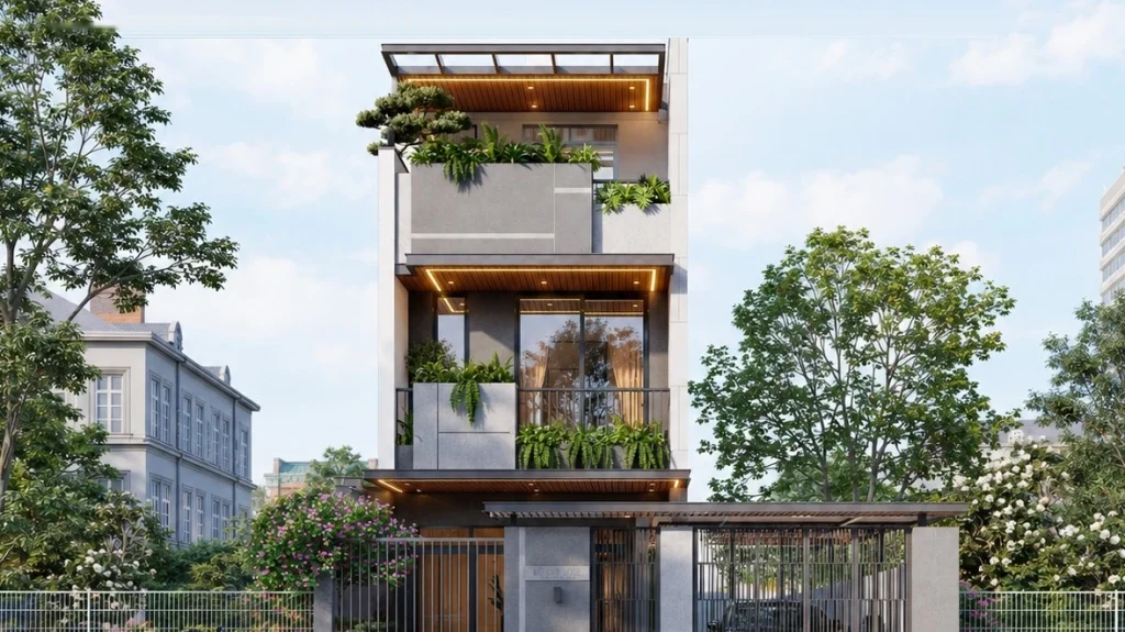 Mẫu Nhà Phố 2 Tầng 1 Tum Hiện Đại (5x17m) Có Gara Ô Tô & Ban Công Xanh | Hoa’s House