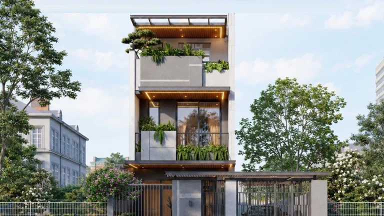 Mẫu nhà phố 2 tầng 1 tum hiện đại 5x17m mặt tiền đẹp có gara ô tô và sân vườn