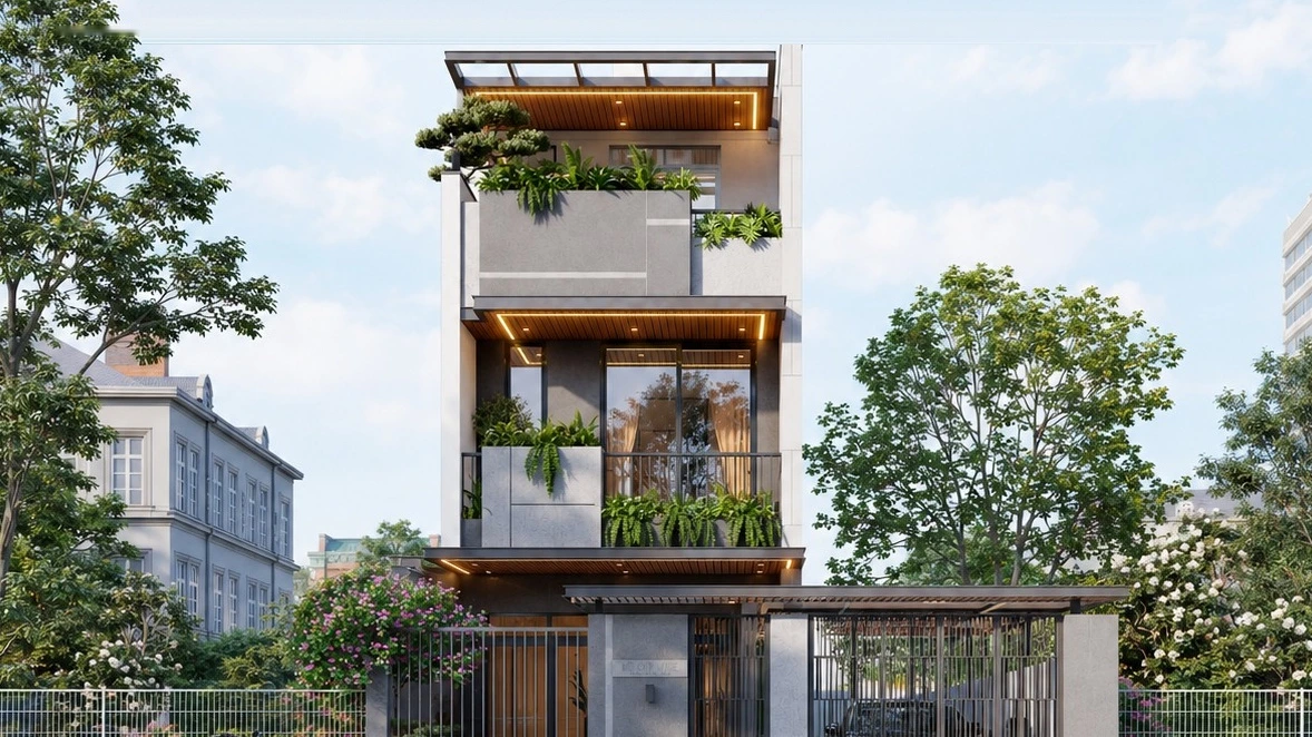 Mẫu nhà phố 2 tầng 1 tum hiện đại 5x17m mặt tiền đẹp có gara ô tô và sân vườn