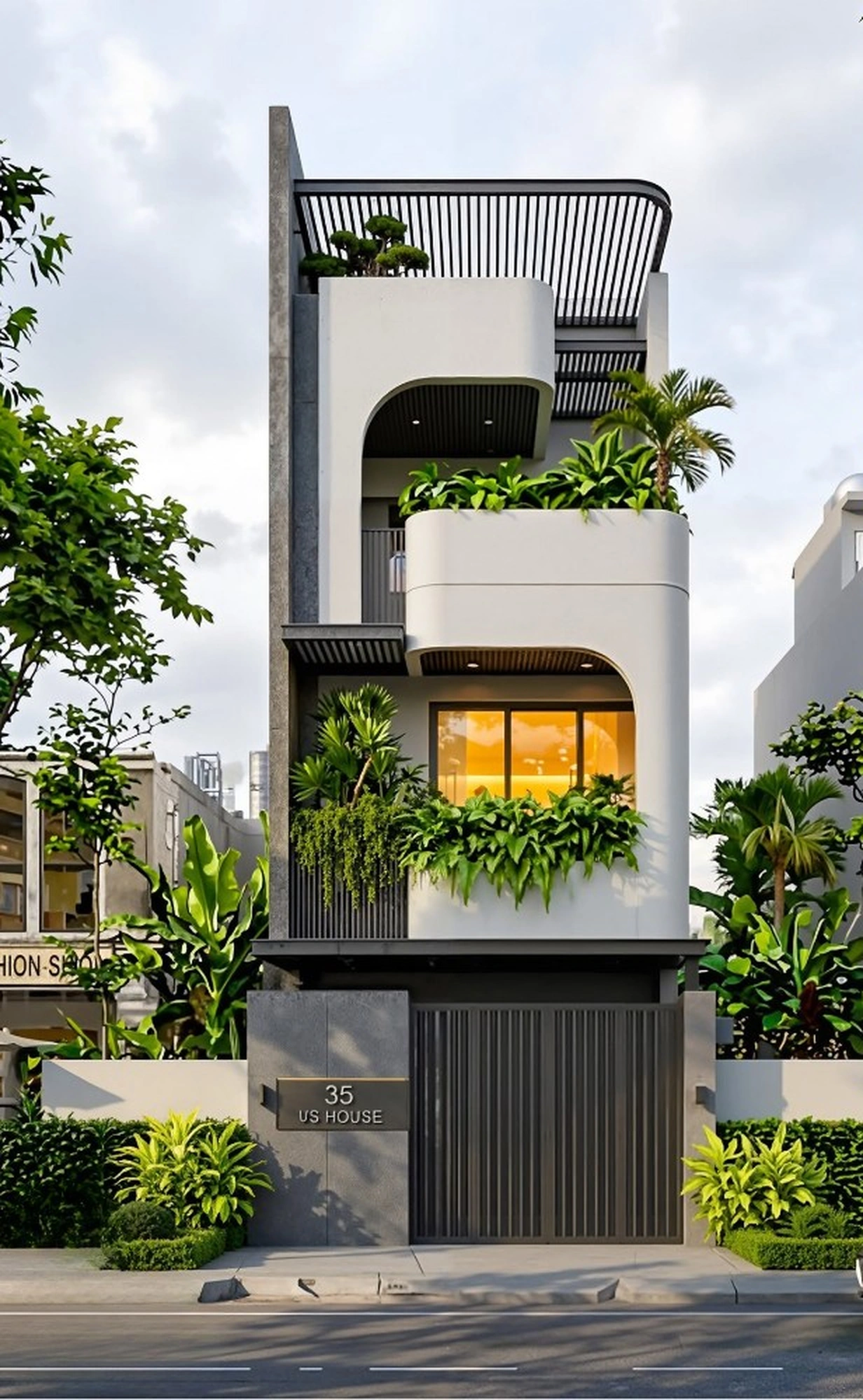 Mặt đứng chính diện nhà phố 3 tầng bo cong U's House