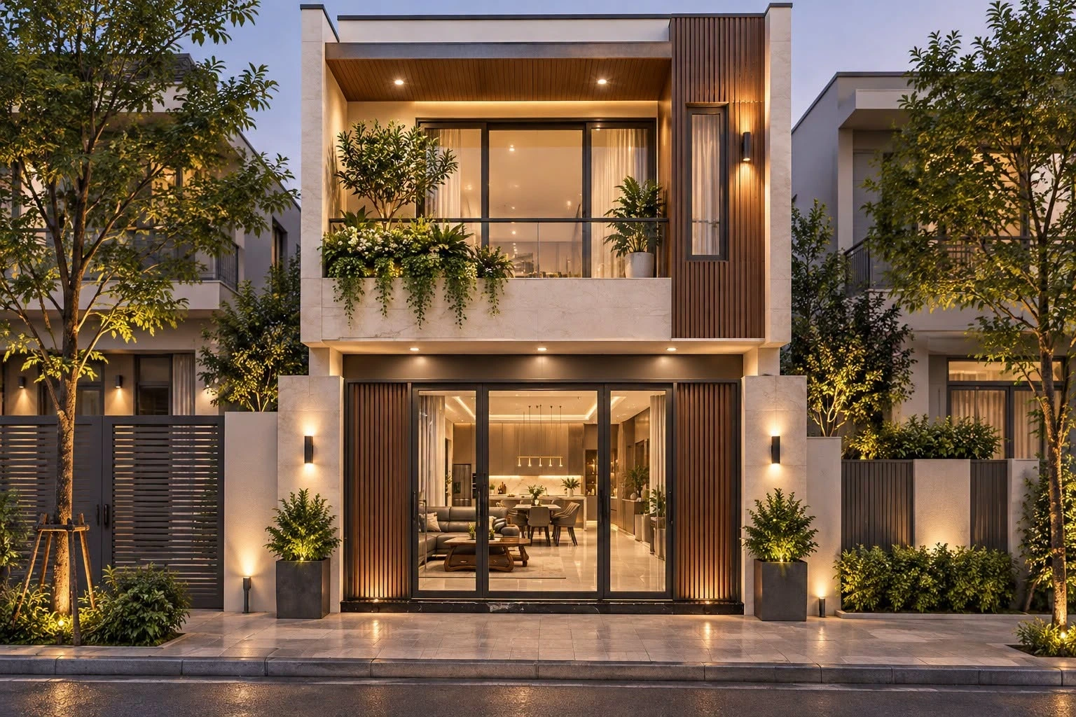 Mặt tiền nhà phố 2 tầng hiện đại lung linh về đêm