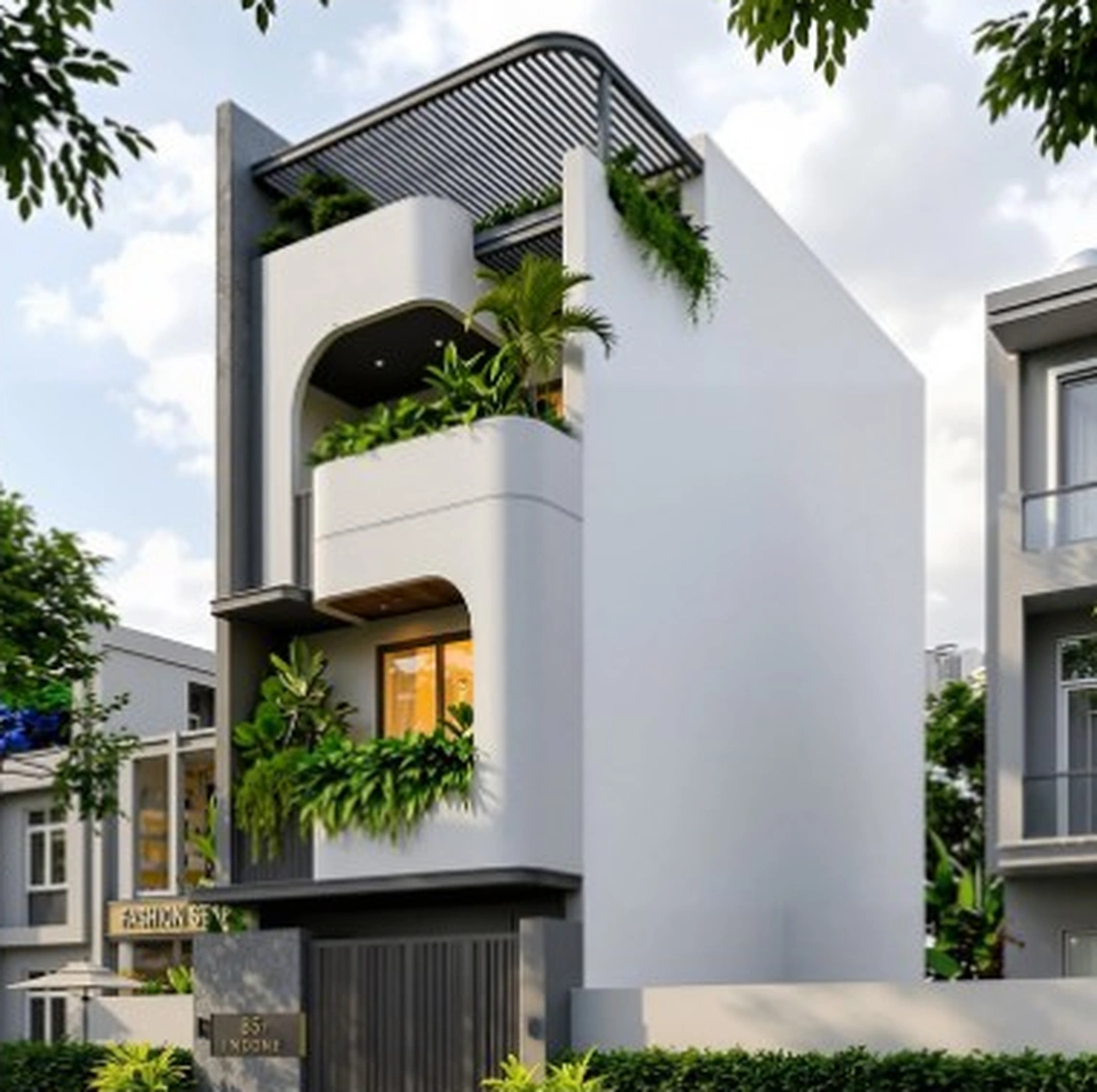 Phối cảnh góc nghiêng kiến trúc xanh 3 tầng U's House