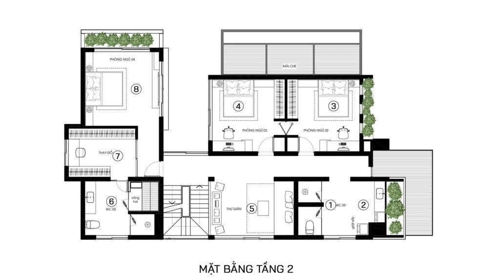 Bản vẽ bố trí mặt bằng công năng Tầng 2