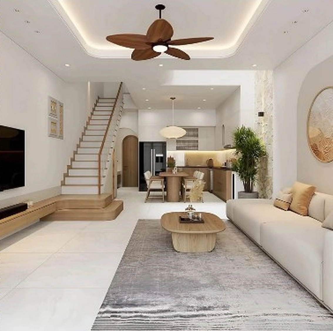 Nội thất phòng khách liên thông bếp trần bo cong U's House