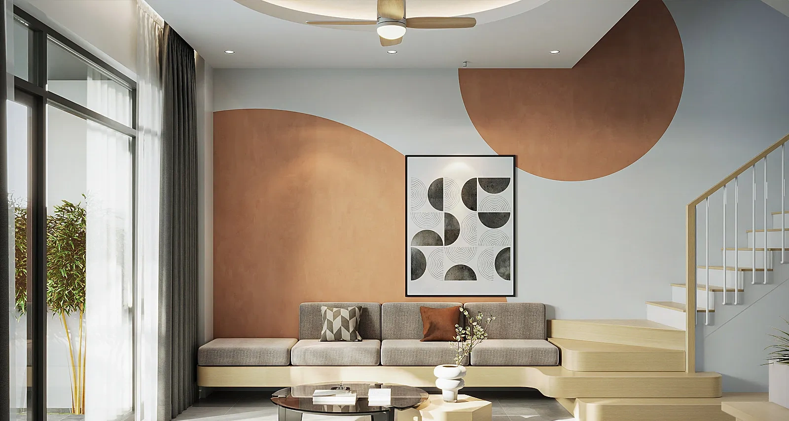 Khu vực sofa phòng khách với mảng tường màu đất nung ấm áp