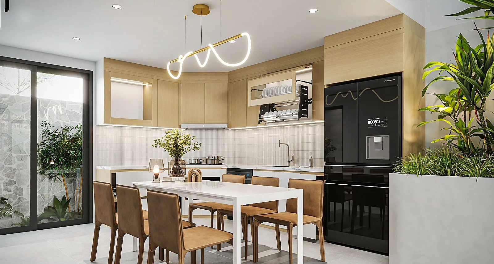 Khu vực phòng bếp hiện đại ốp gạch thẻ mosaic