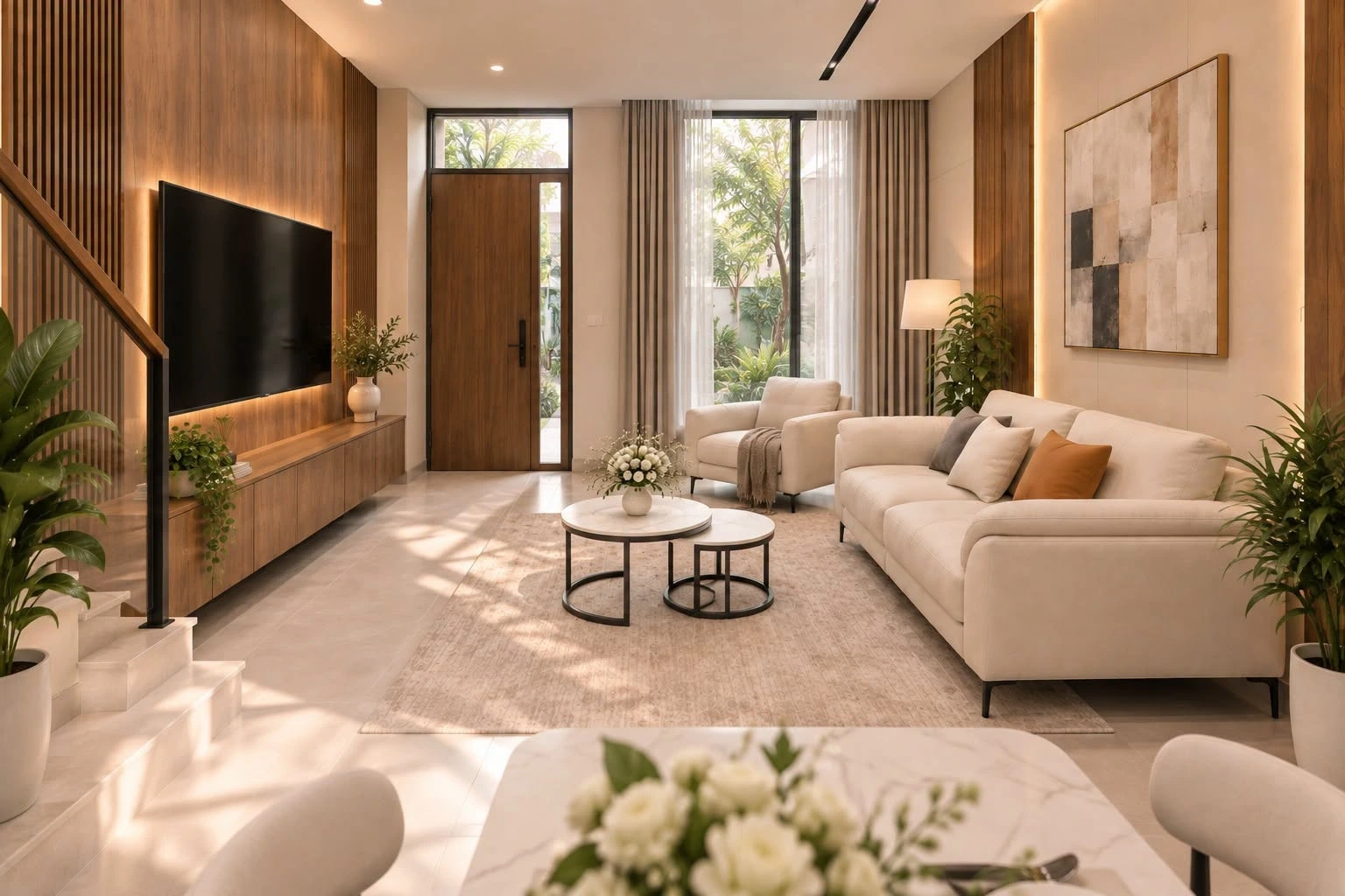 Góc sofa phòng khách nhìn ra cửa chính và sân trước thoáng đãng