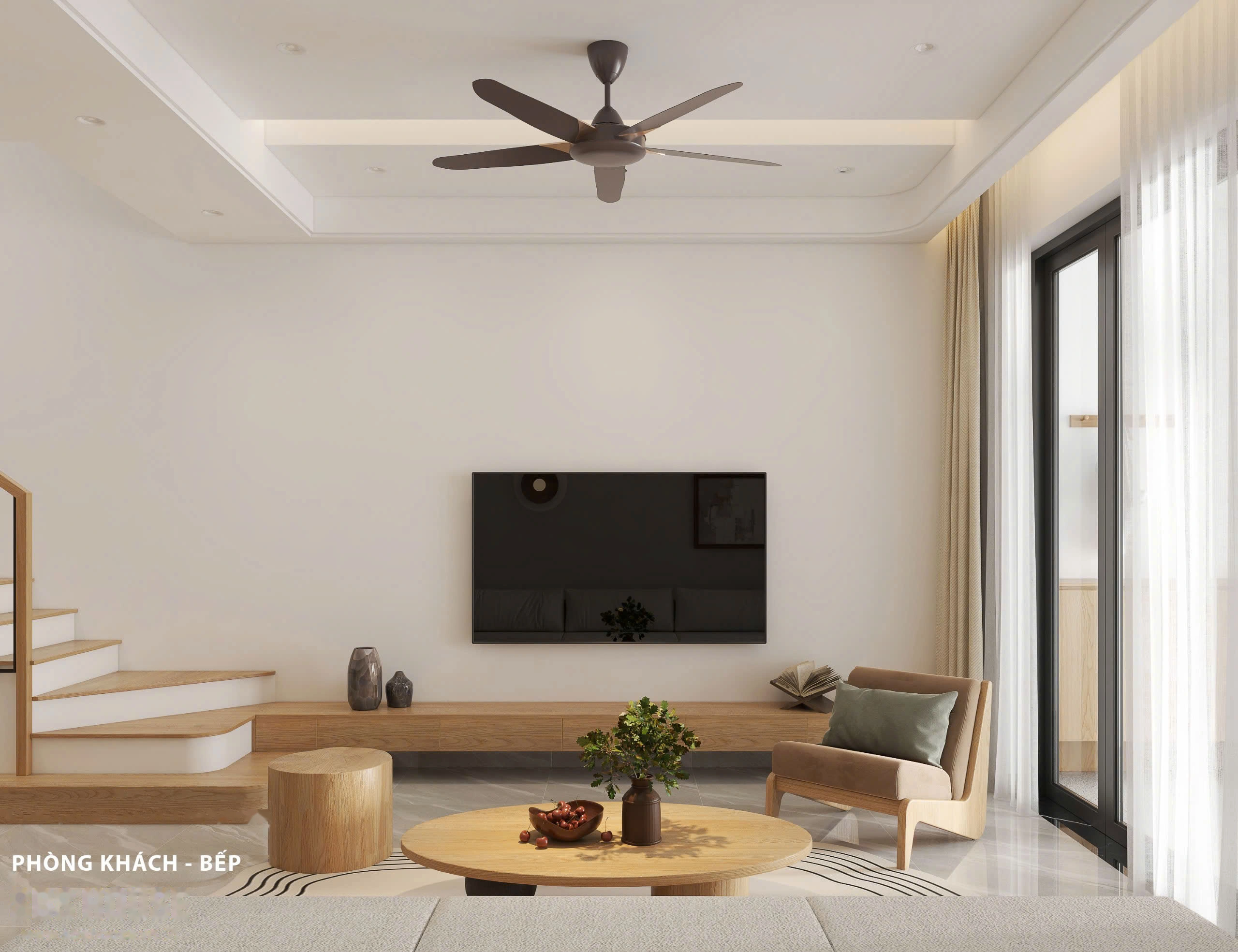 Khu vực kệ tivi tối giản với vách ốp hiệu ứng bê tông mộc mạc và đèn hắt ấm cúng