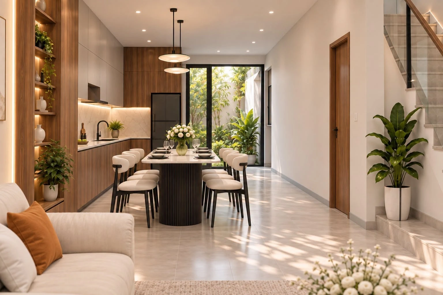 Khu vực bàn ăn 6 ghế và hệ tủ bếp hiện đại hướng ra sân sau