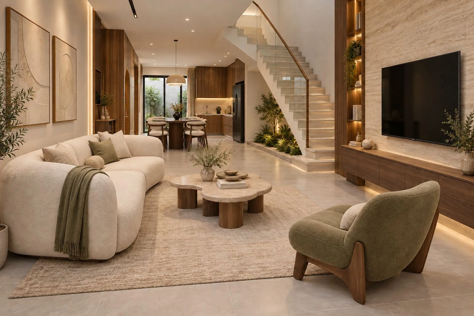 Bộ sofa cong mềm mại kết hợp bàn trà đá travertine tự nhiên