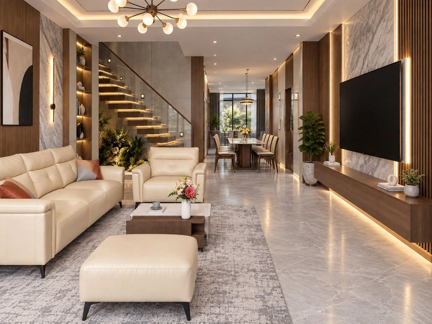 Không gian phòng khách ấm cúng cùng cầu thang kính có đèn LED từng bậc
