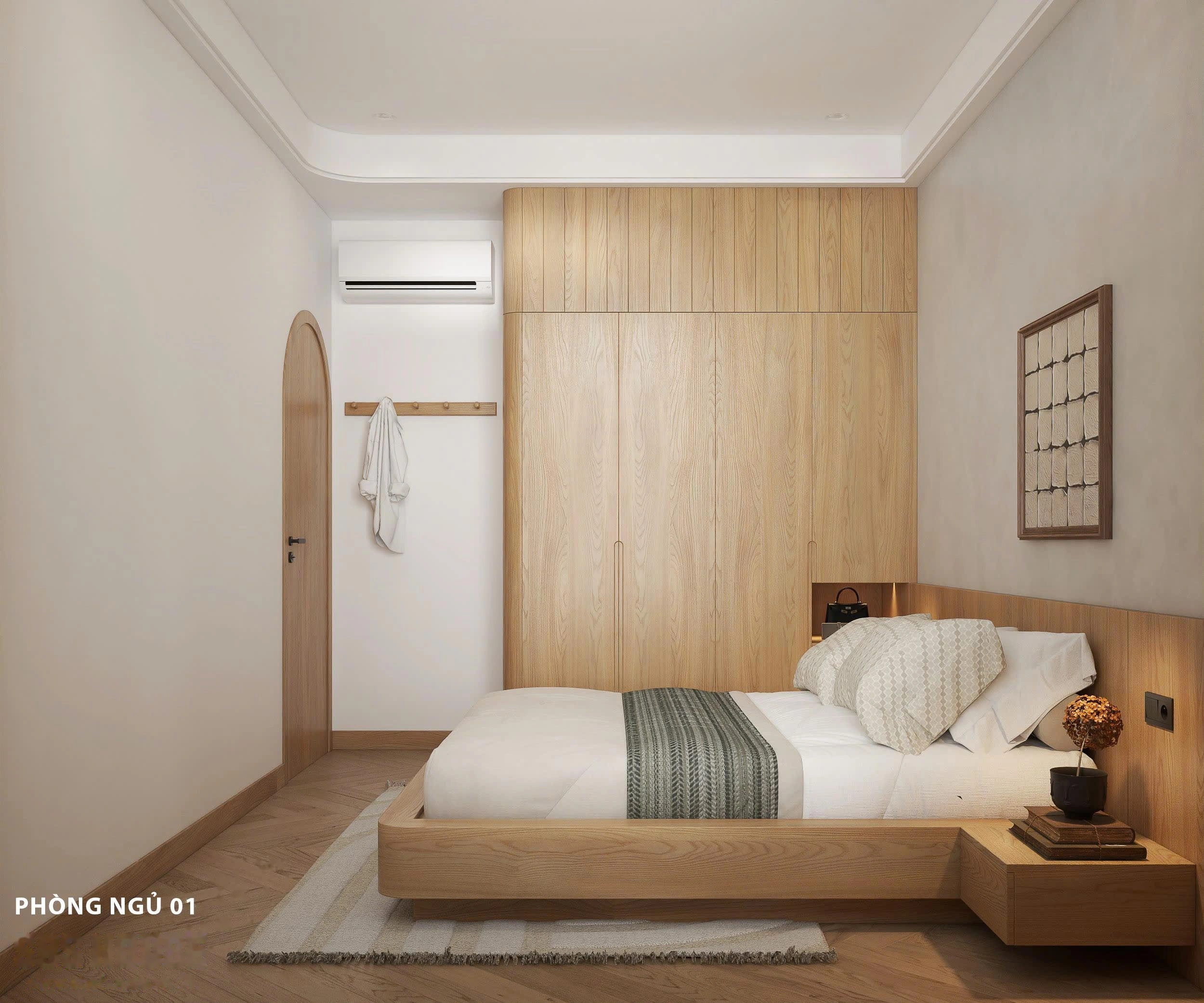 Phòng ngủ thứ ba với mảng tường bo cong nghệ thuật và hệ cửa sổ kính mở rộng tầm nhìn