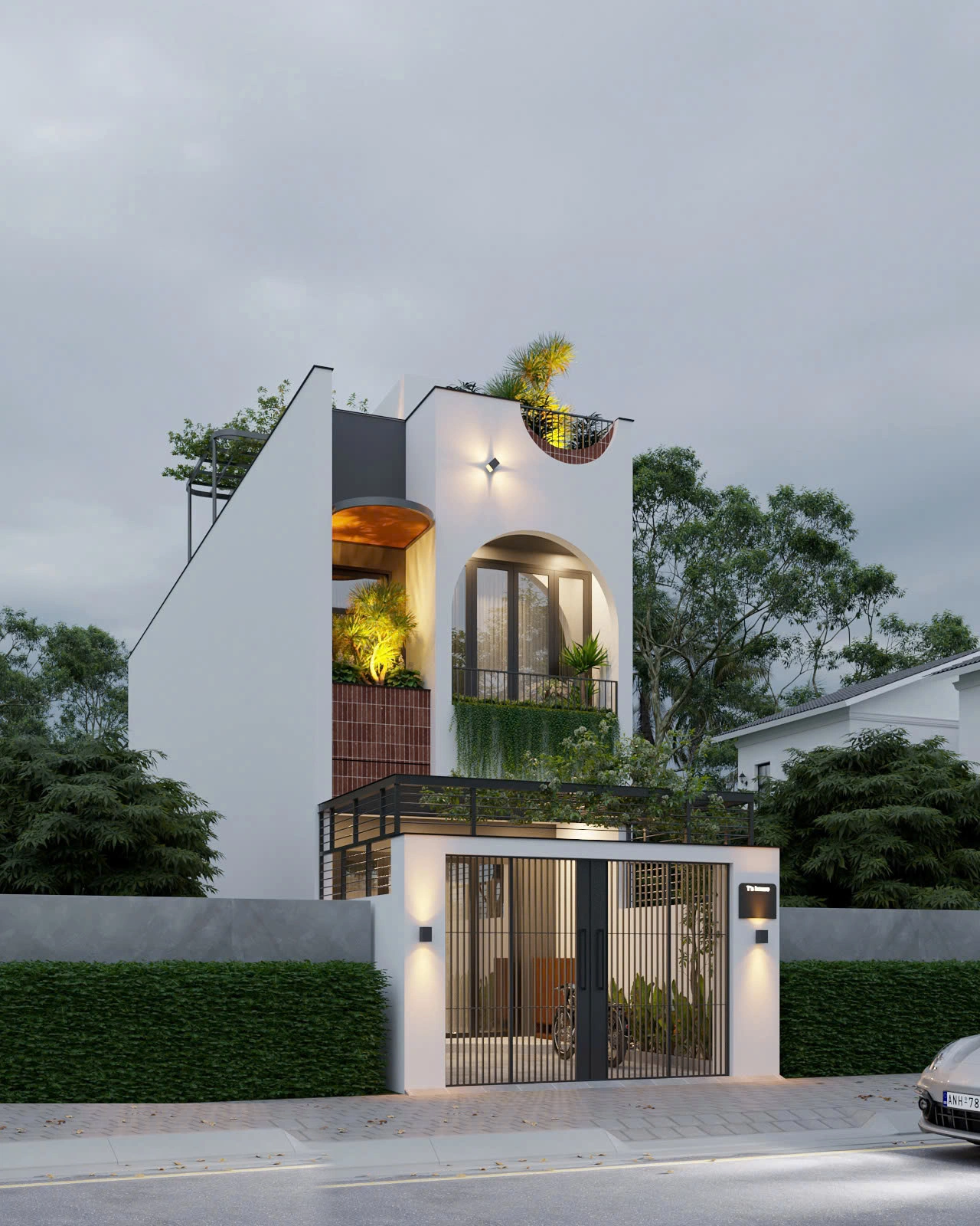 Phối cảnh góc nghiêng toàn cảnh mặt tiền nhà phố hiện đại