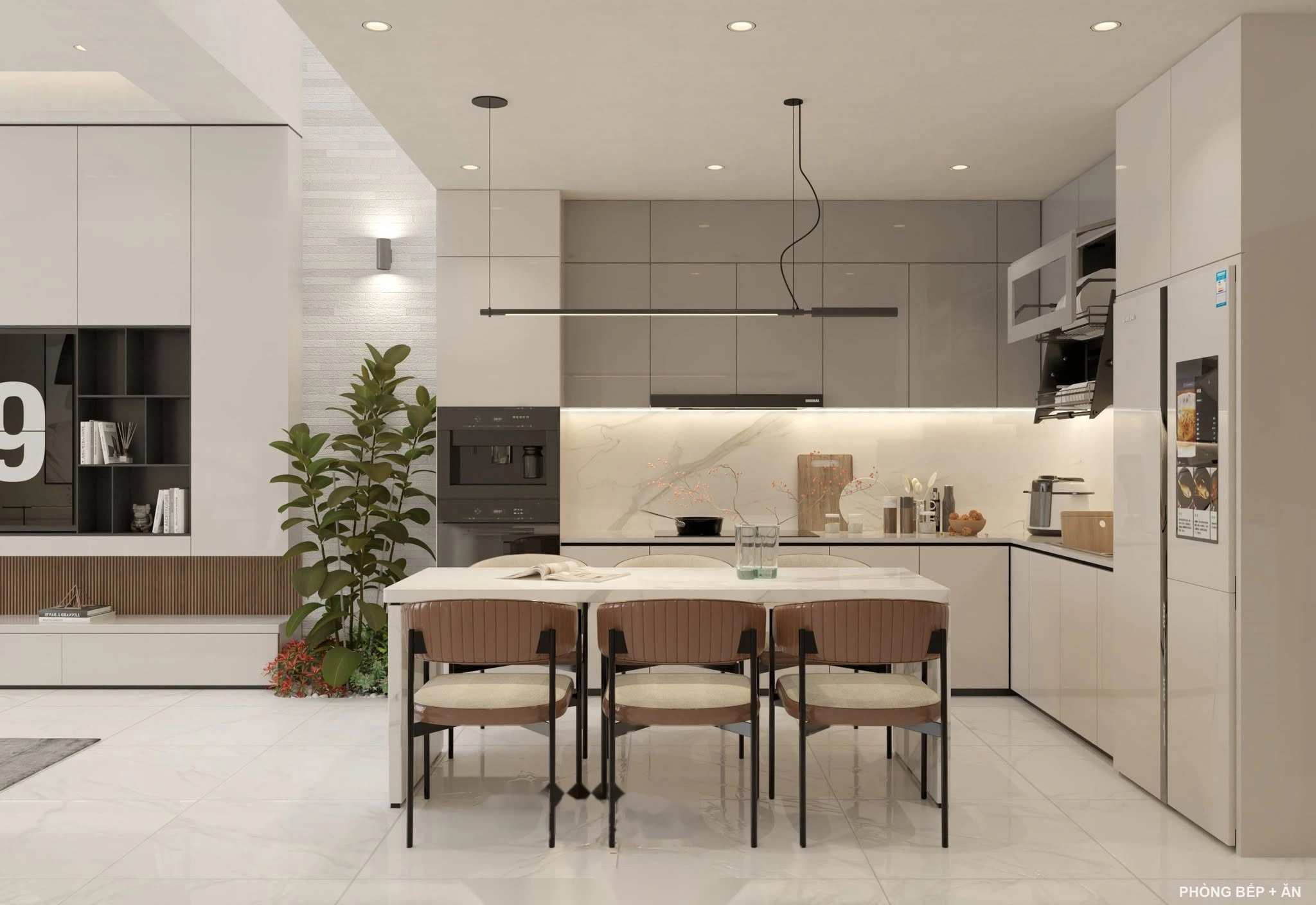 Khu vực bếp nấu tiện nghi bên cạnh cầu thang