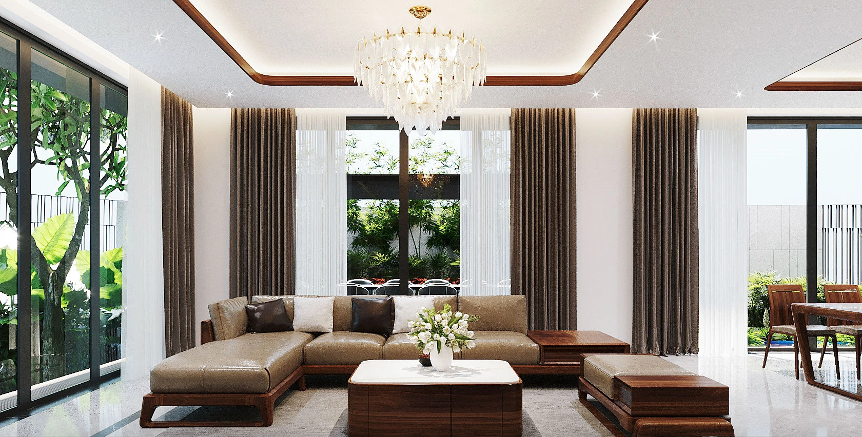 Bộ sofa da cao cấp và đèn chùm pha lê phòng khách