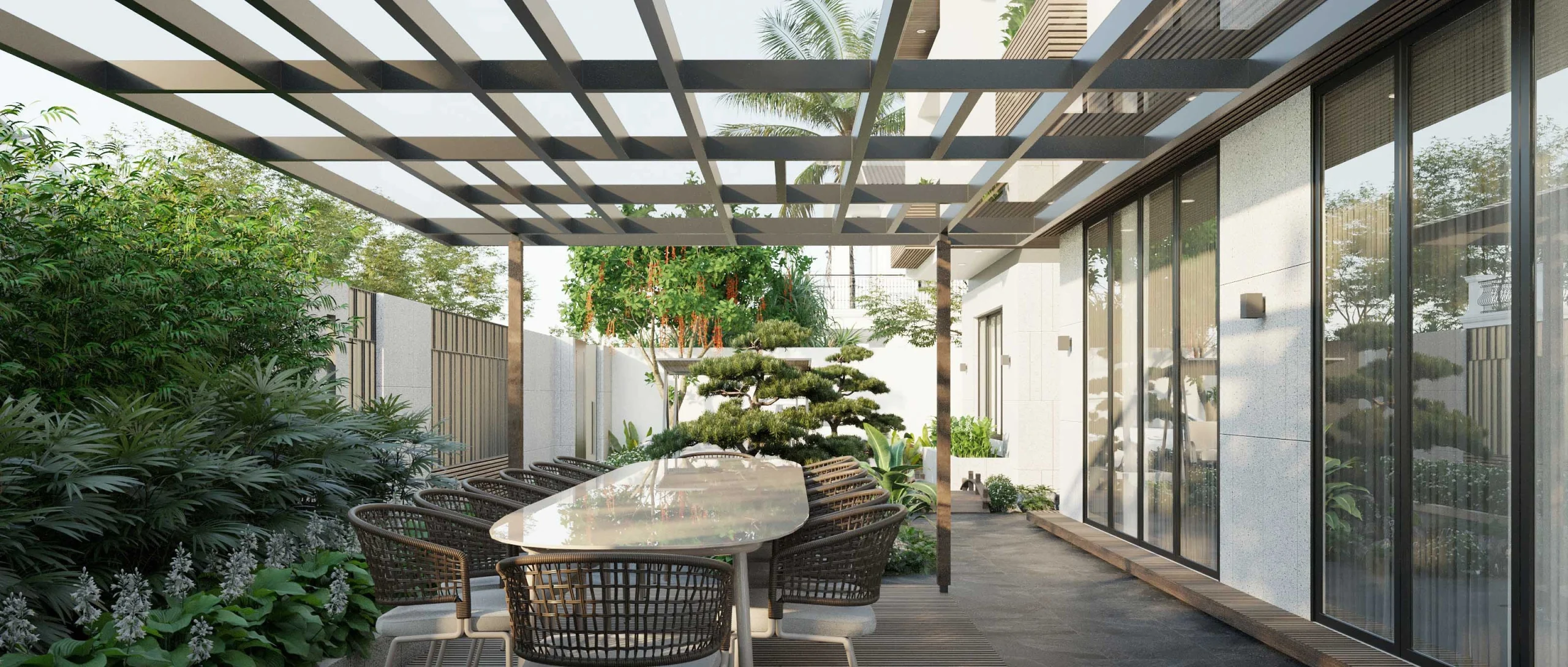 Chòi nghỉ và bàn ăn ngoài trời dưới giàn pergola