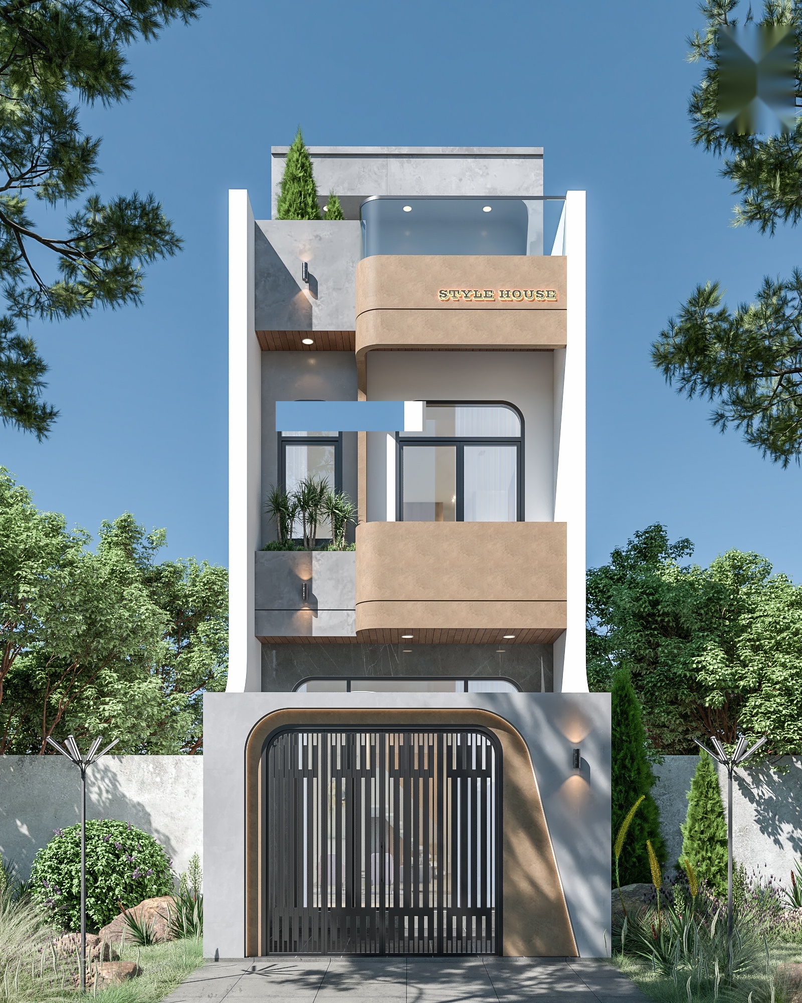 Phối cảnh 3D mặt tiền chính diện nhà phố 3 tầng vòm cong hiện đại