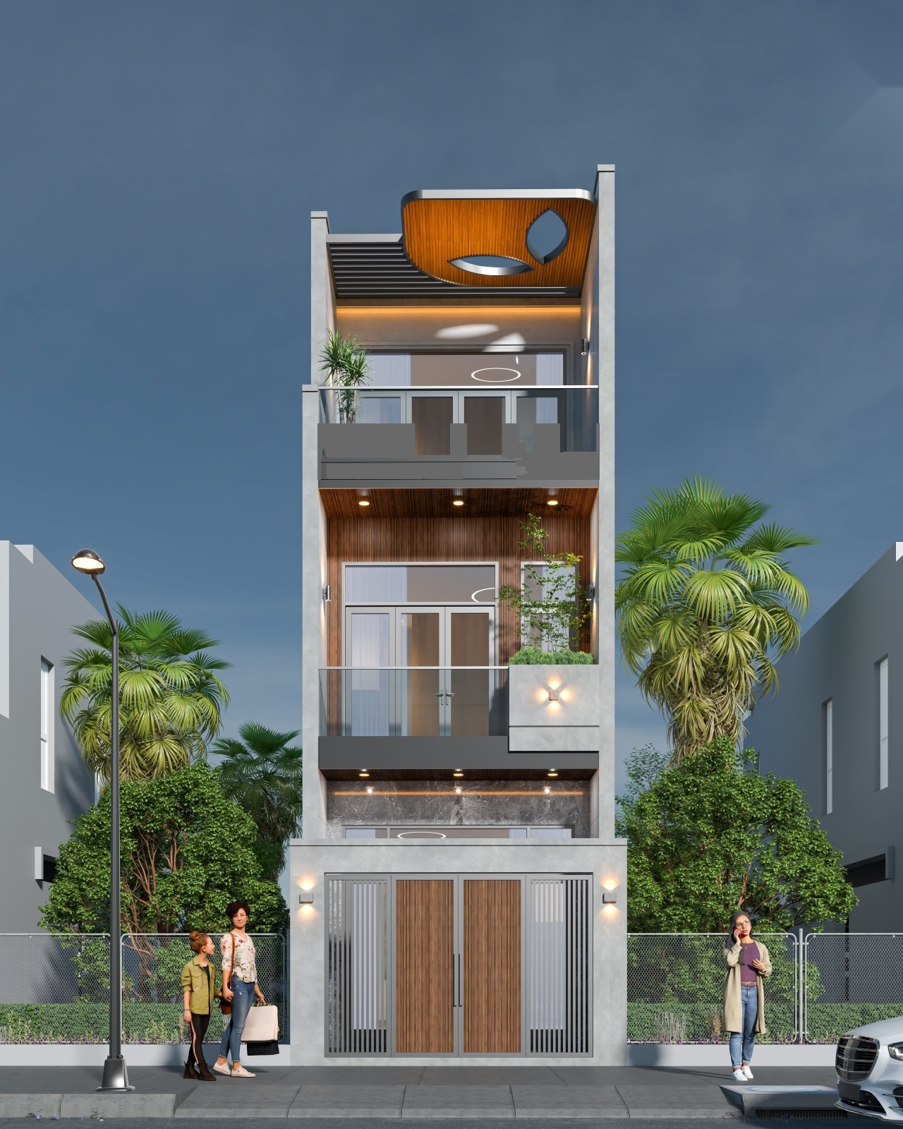 Phối cảnh 3D mặt tiền chính diện nhà phố 3 tầng hiện đại đẹp lung linh