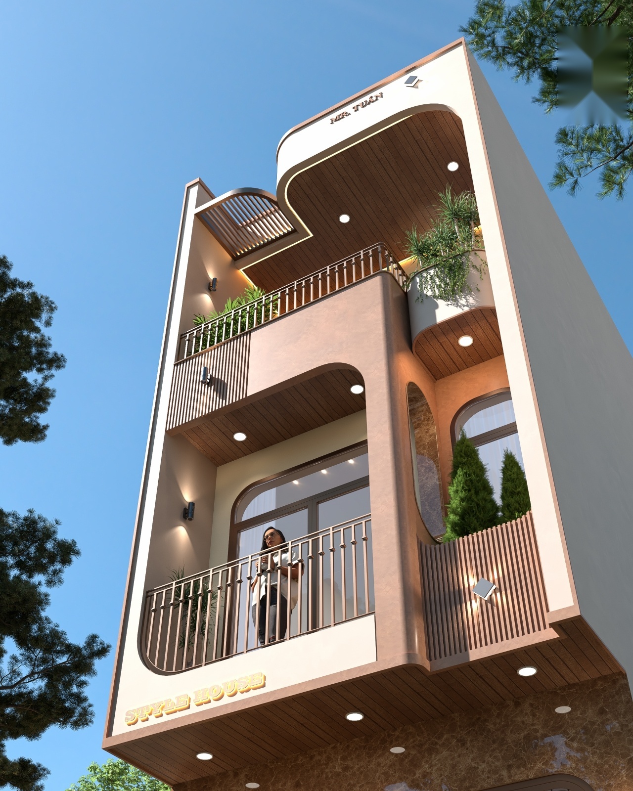 Góc ngước nhìn từ dưới lên tôn vinh chi tiết ban công kính và trần ốp gỗ