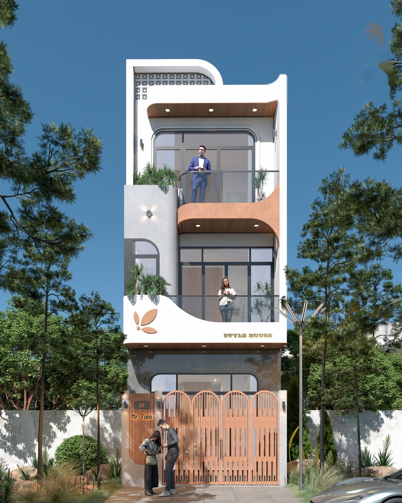 Phối cảnh 3D mặt tiền chính diện nhà phố 5x15m 3 tầng hiện đại hình khối vững chãi ban công cây xanh thoáng đãng