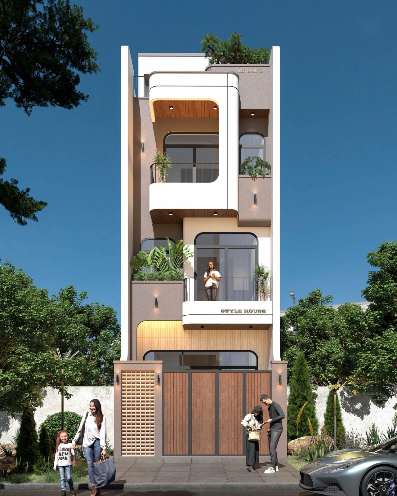 Phối cảnh mặt tiền nhà phố 3 tầng 1 tum 5x13m hiện đại bo cong