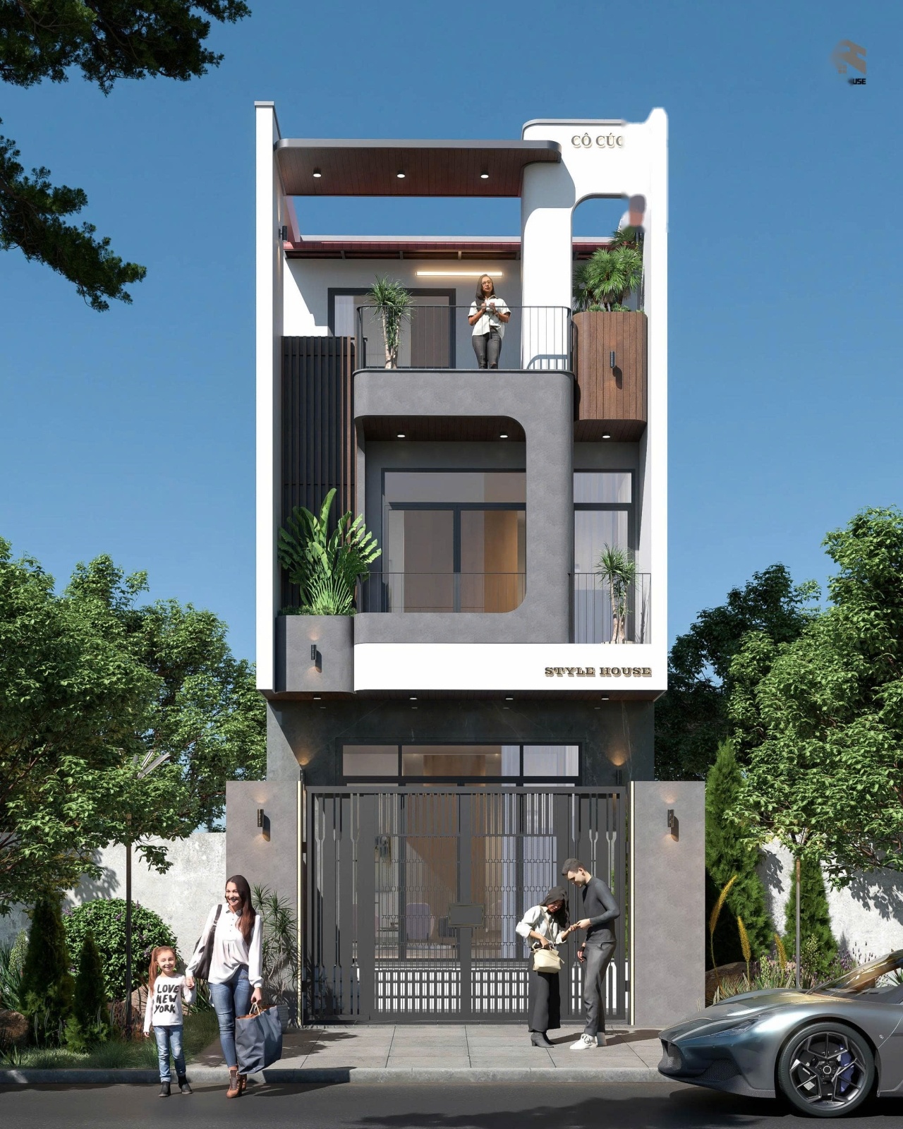 Phối cảnh 3D mặt tiền nhà phố 3 tầng 1 tum 5x17m kiến trúc bo cong mềm mại tông màu be trắng kết hợp lam gỗ và đèn hắt ấm cúng