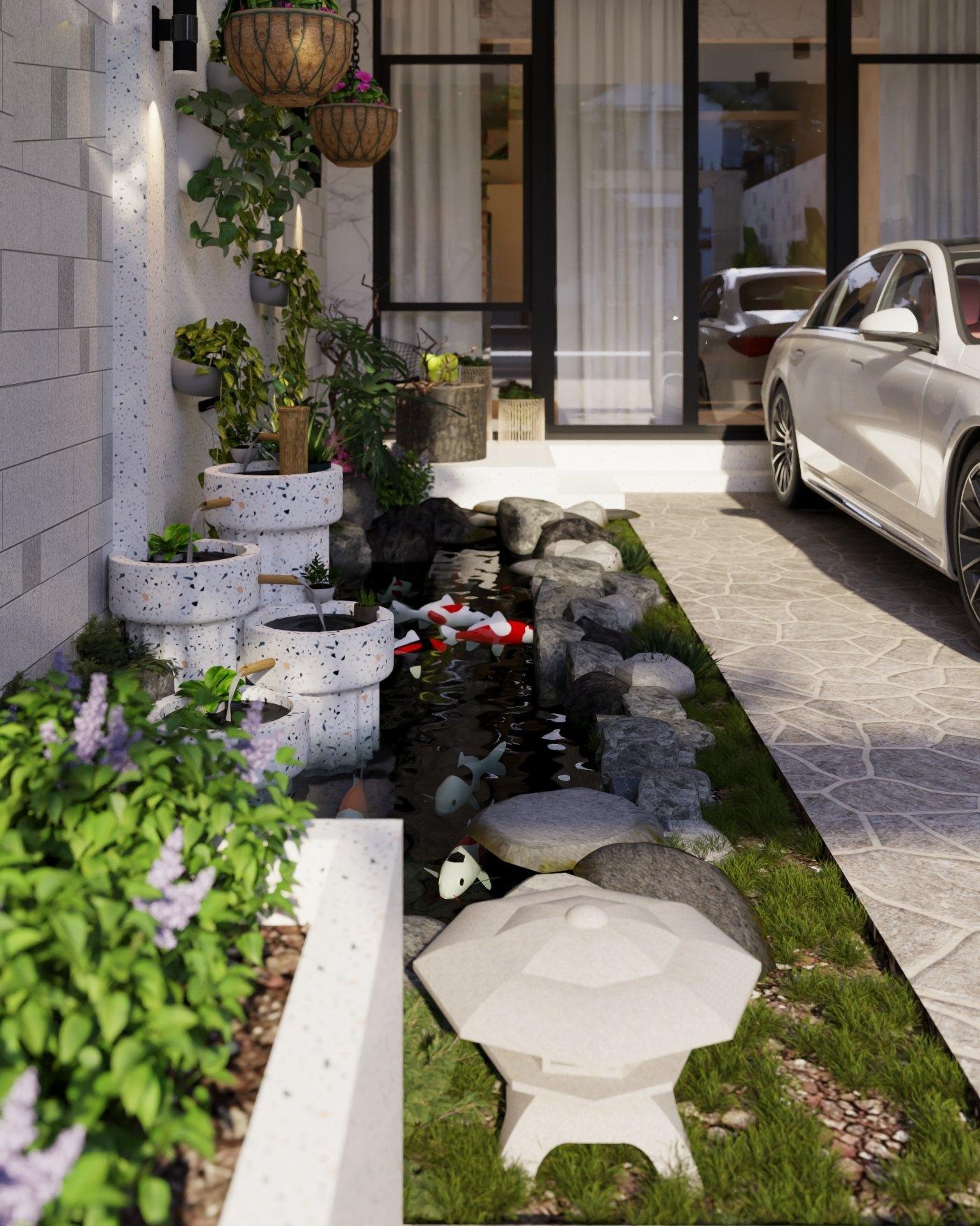 Tiểu cảnh hồ cá Koi thác nước đá terrazzo sinh thái trong sân vườn