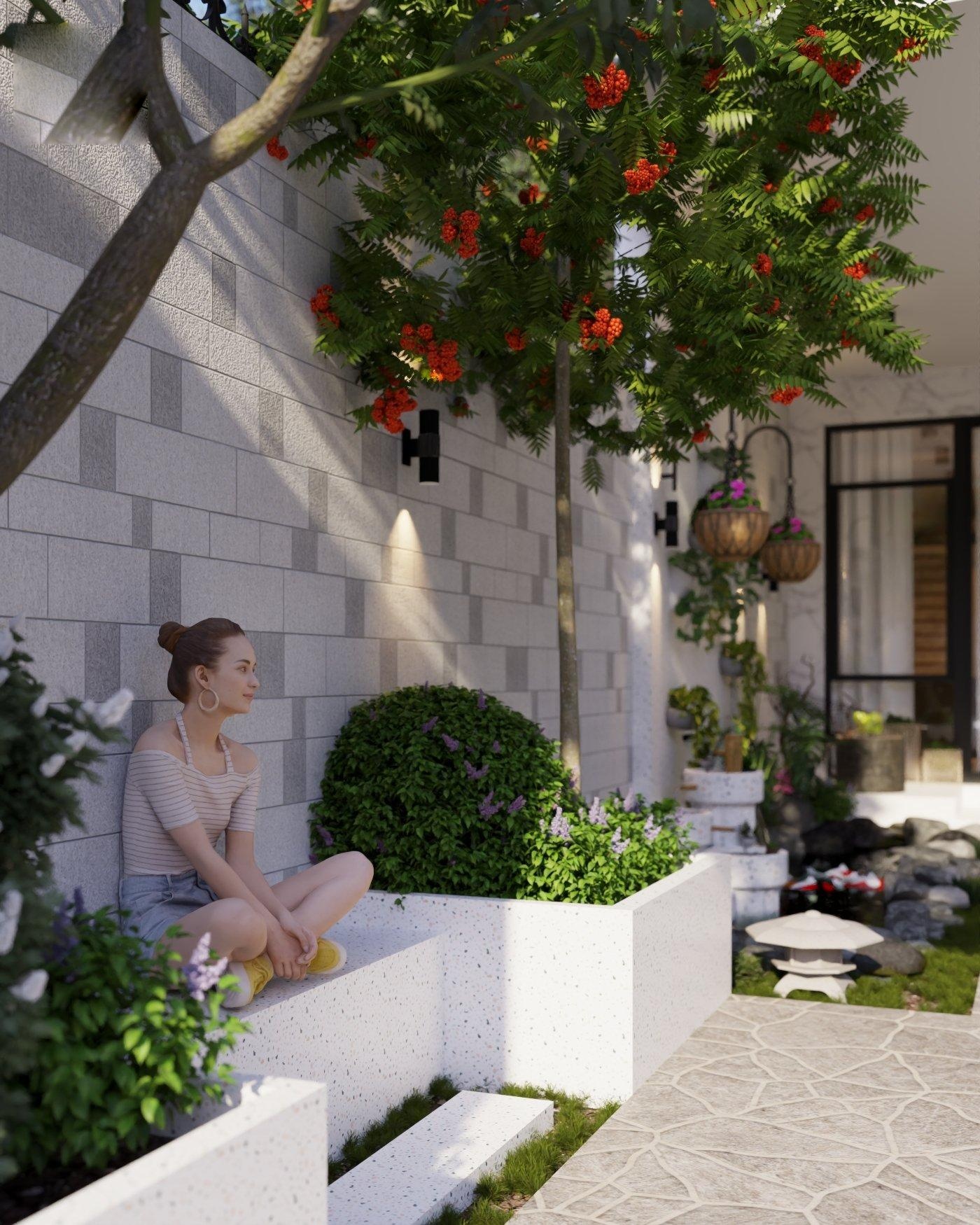 Bệ ngồi liền khối bằng đá terrazzo trắng dọc theo bờ hồ cá Koi