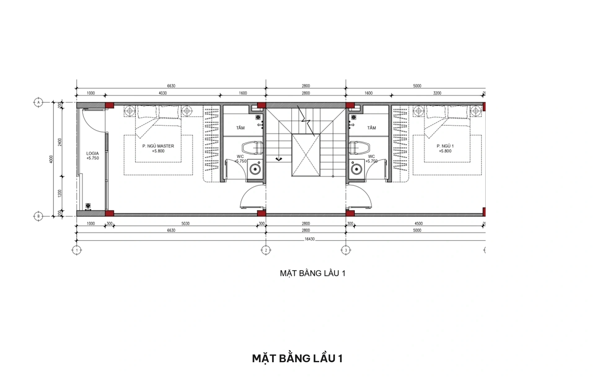 Bản vẽ mặt bằng bố trí công năng lầu 1 gồm 02 phòng ngủ khép kín có WC riêng biệt (phòng ngủ Master có logia trước, phòng ngủ 2 sau)