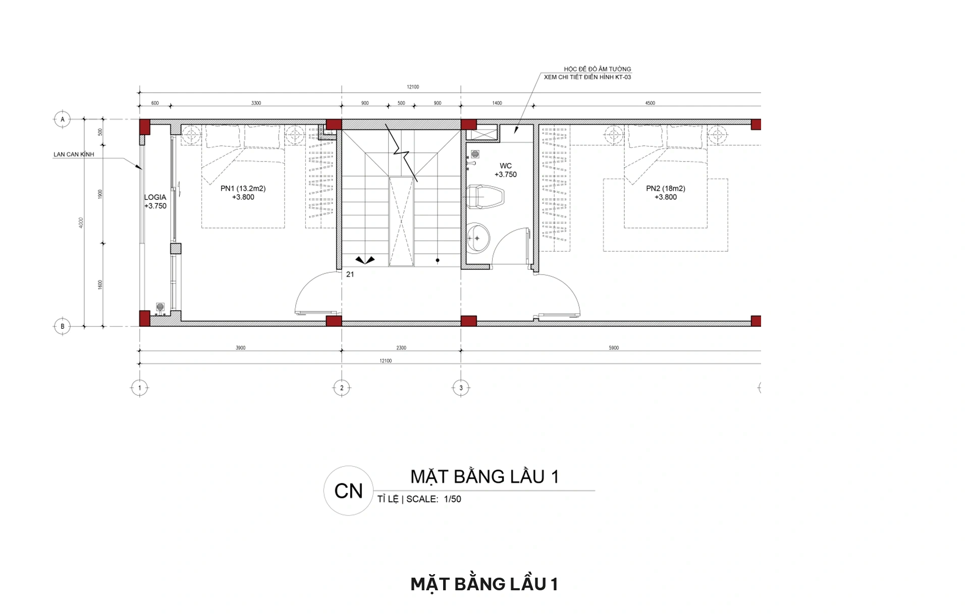 Bản vẽ mặt bằng bố trí công năng lầu 1 gồm 02 phòng ngủ rộng rãi, ban công bo cong đón sáng và WC chung sảnh thang