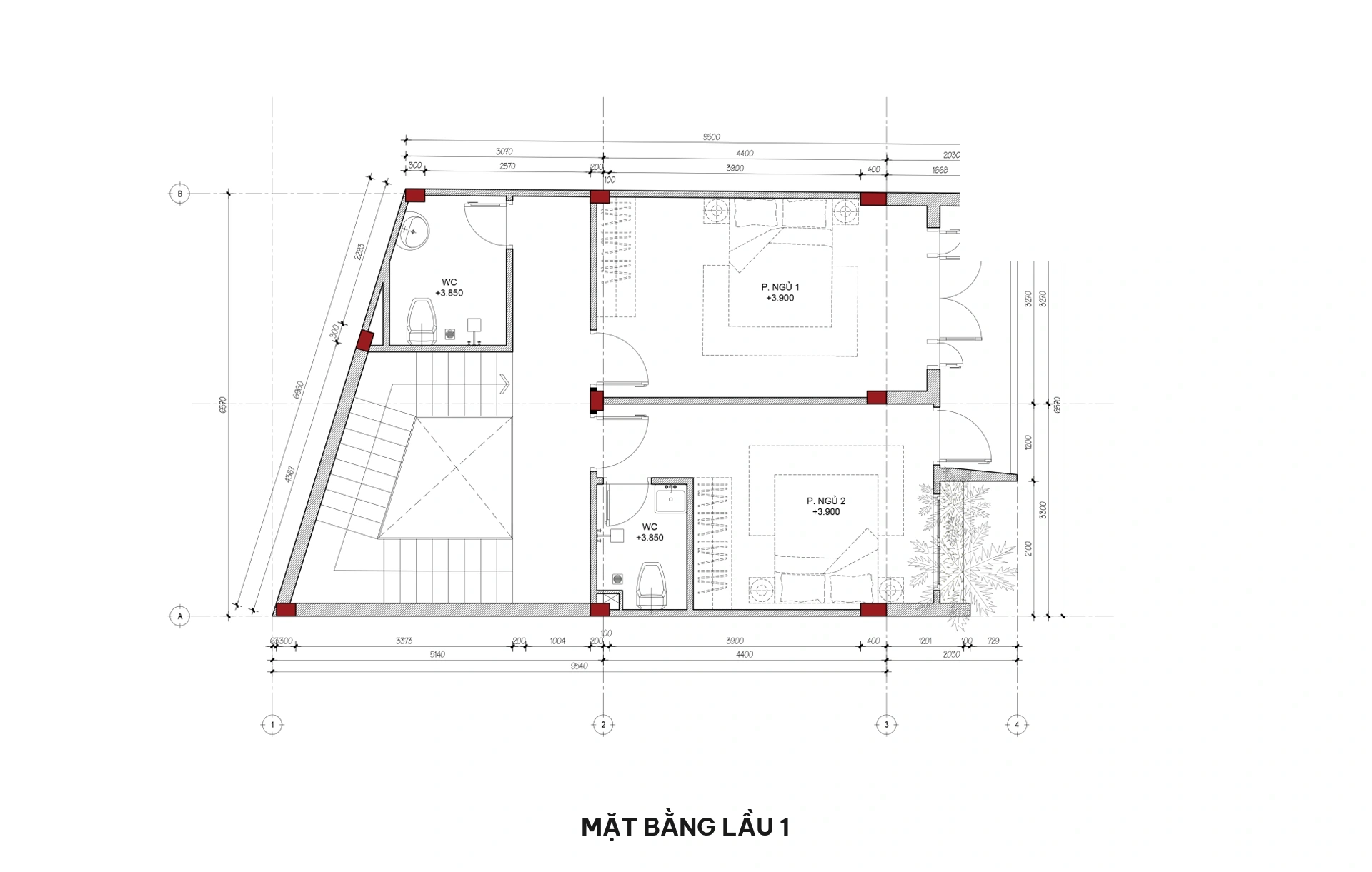 Mặt bằng lầu 1 nhà phố 5 tầng hiện đại