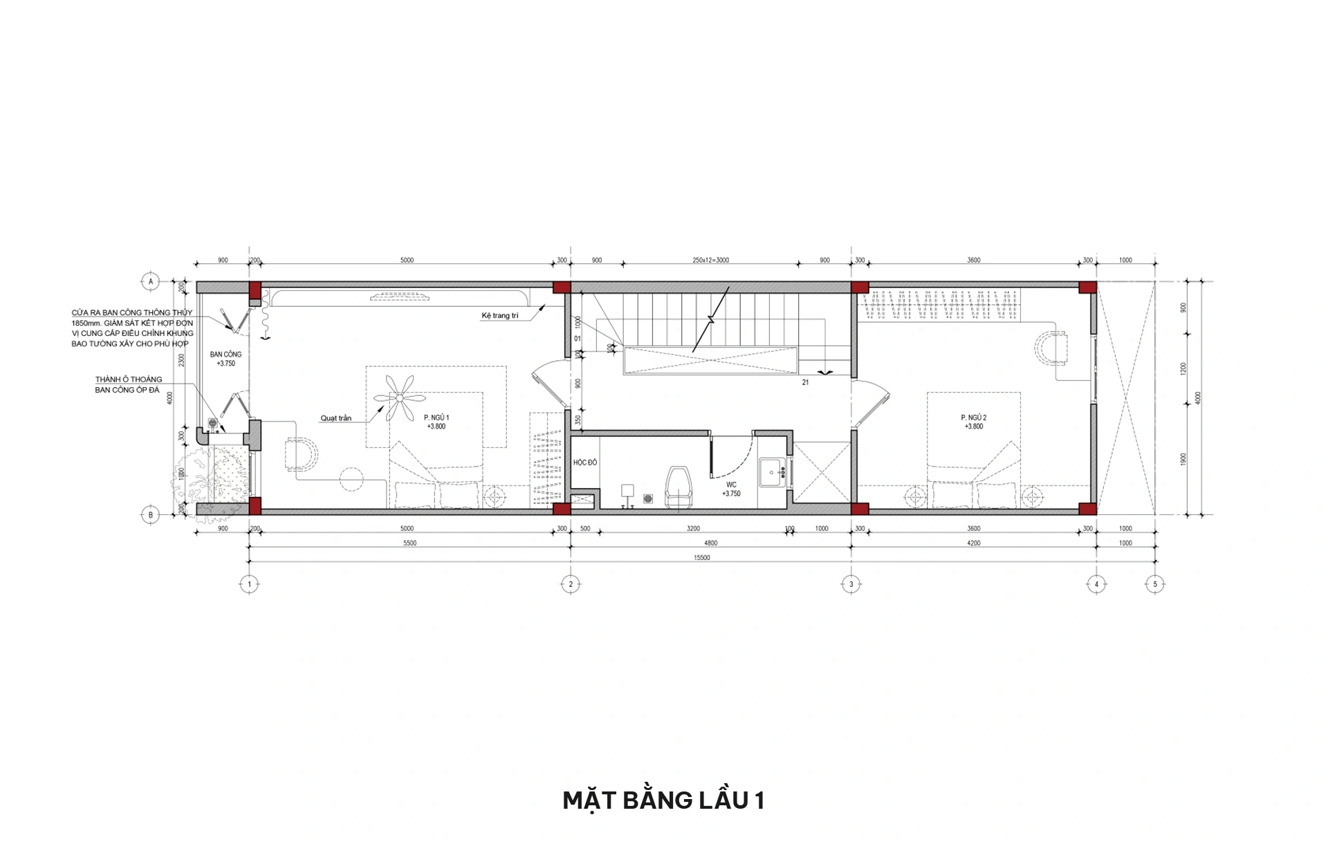 Mặt bằng lầu 1 nhà phố 3 tầng hiện đại