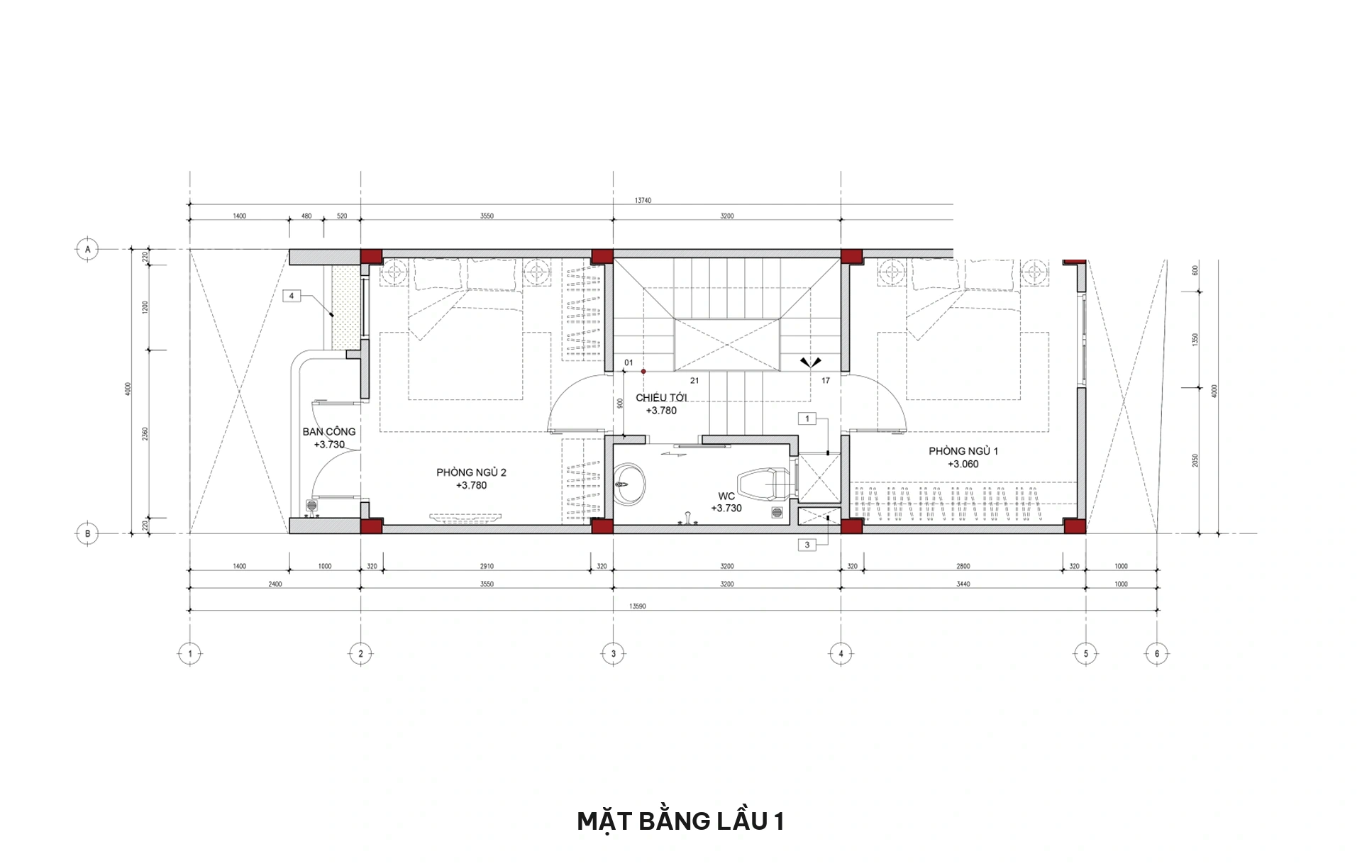 Mặt bằng lầu 1 nhà phố 3 tầng vòm cong