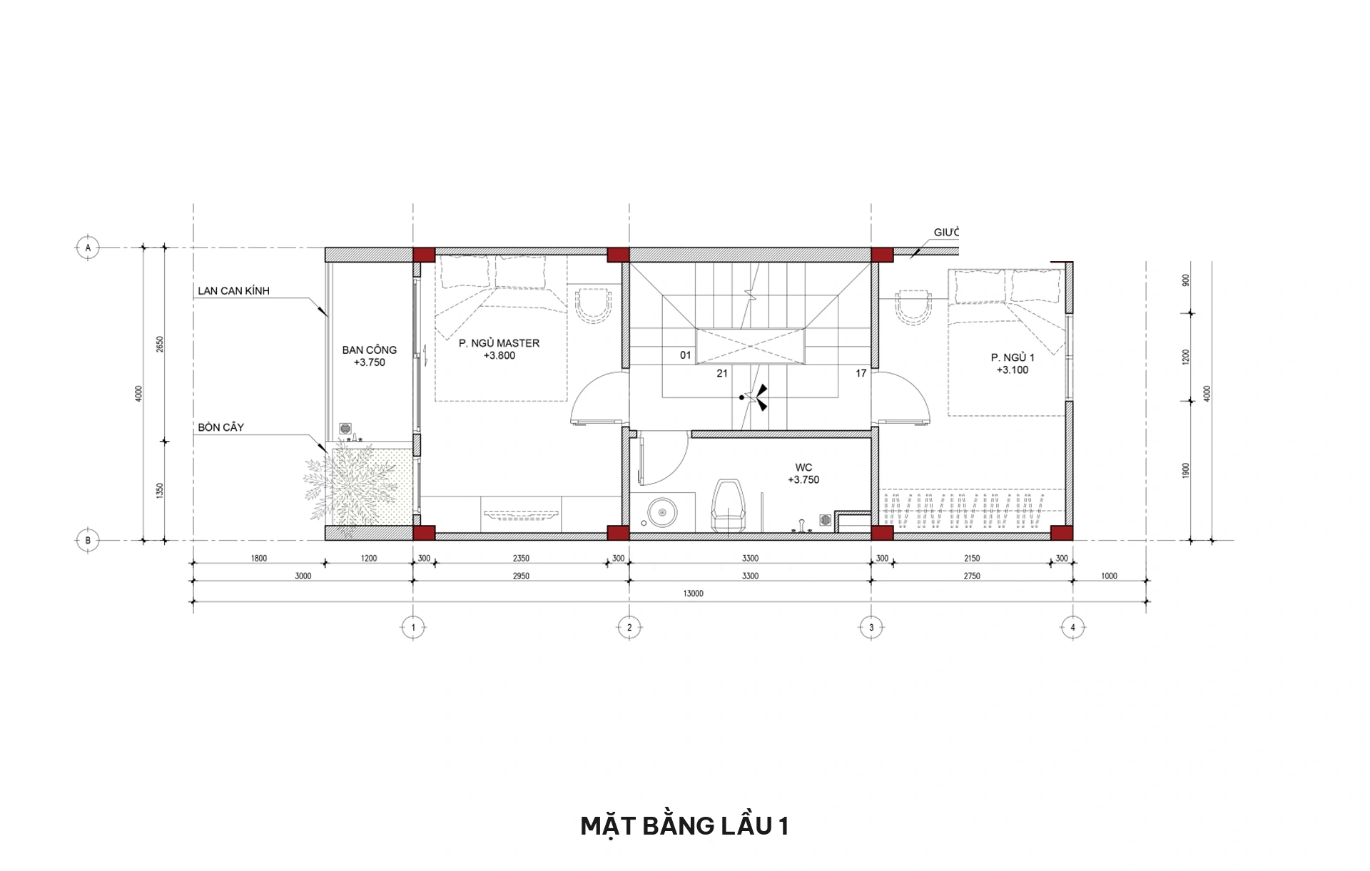 Mặt bằng lầu 1 nhà phố 3 tầng hiện đại