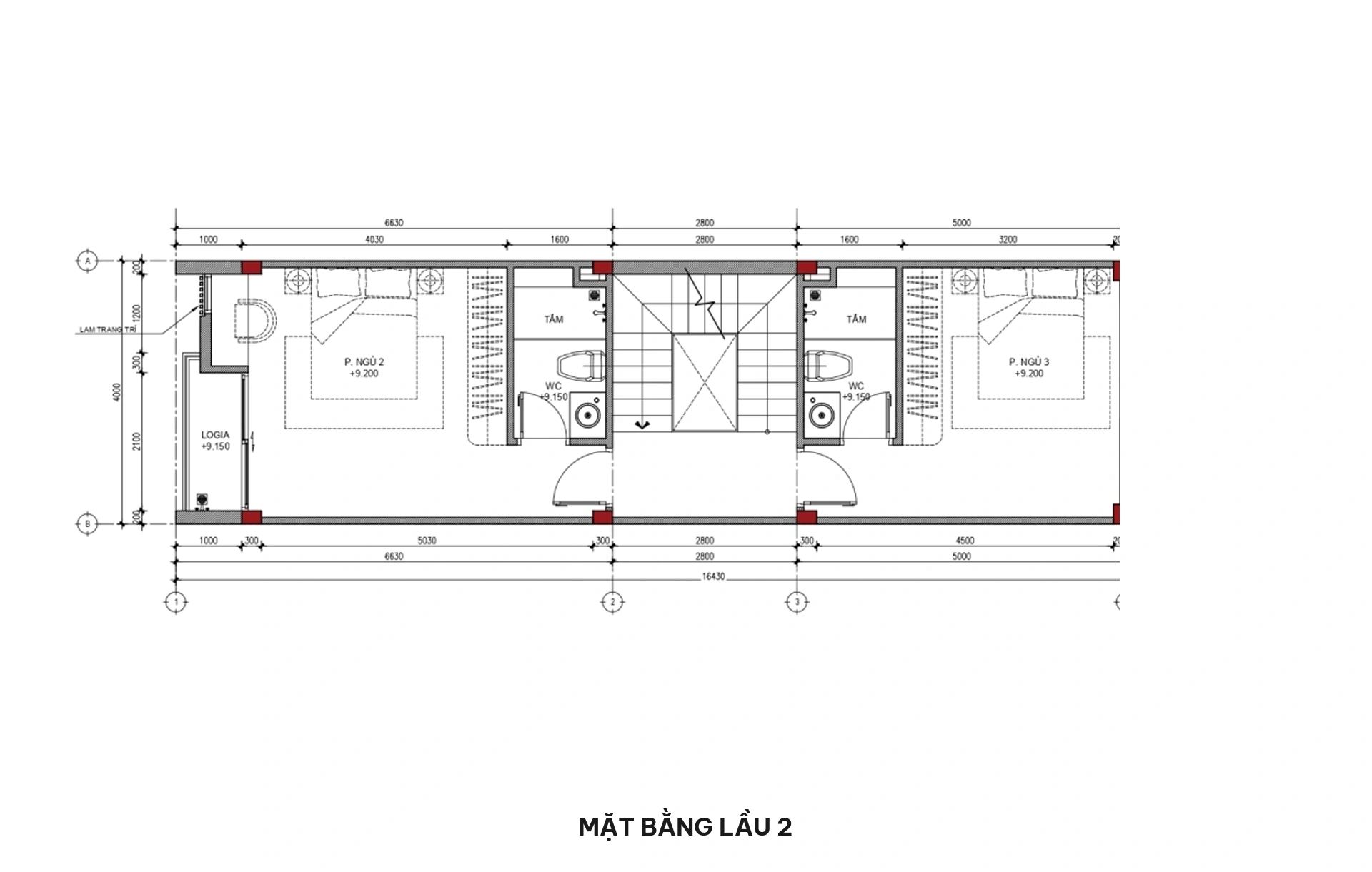 Bản vẽ mặt bằng bố trí công năng lầu 2 gồm 02 phòng ngủ khép kín tiếp theo đều sở hữu WC riêng biệt khép kín