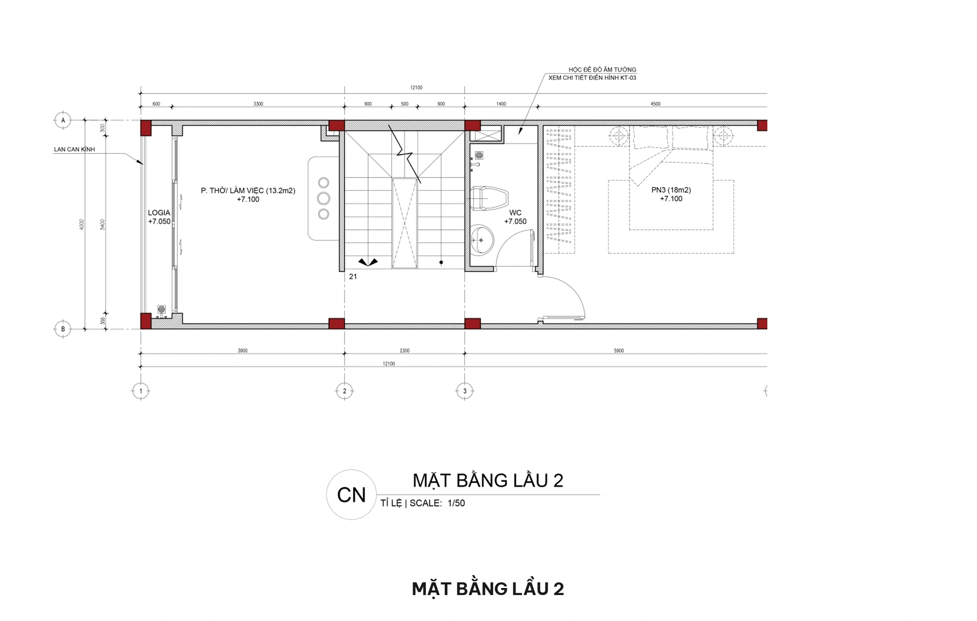 Bản vẽ mặt bằng bố trí công năng lầu 2 gồm 01 phòng ngủ phía sau, 01 phòng làm việc chuyên sâu hướng ban công trước và WC chung