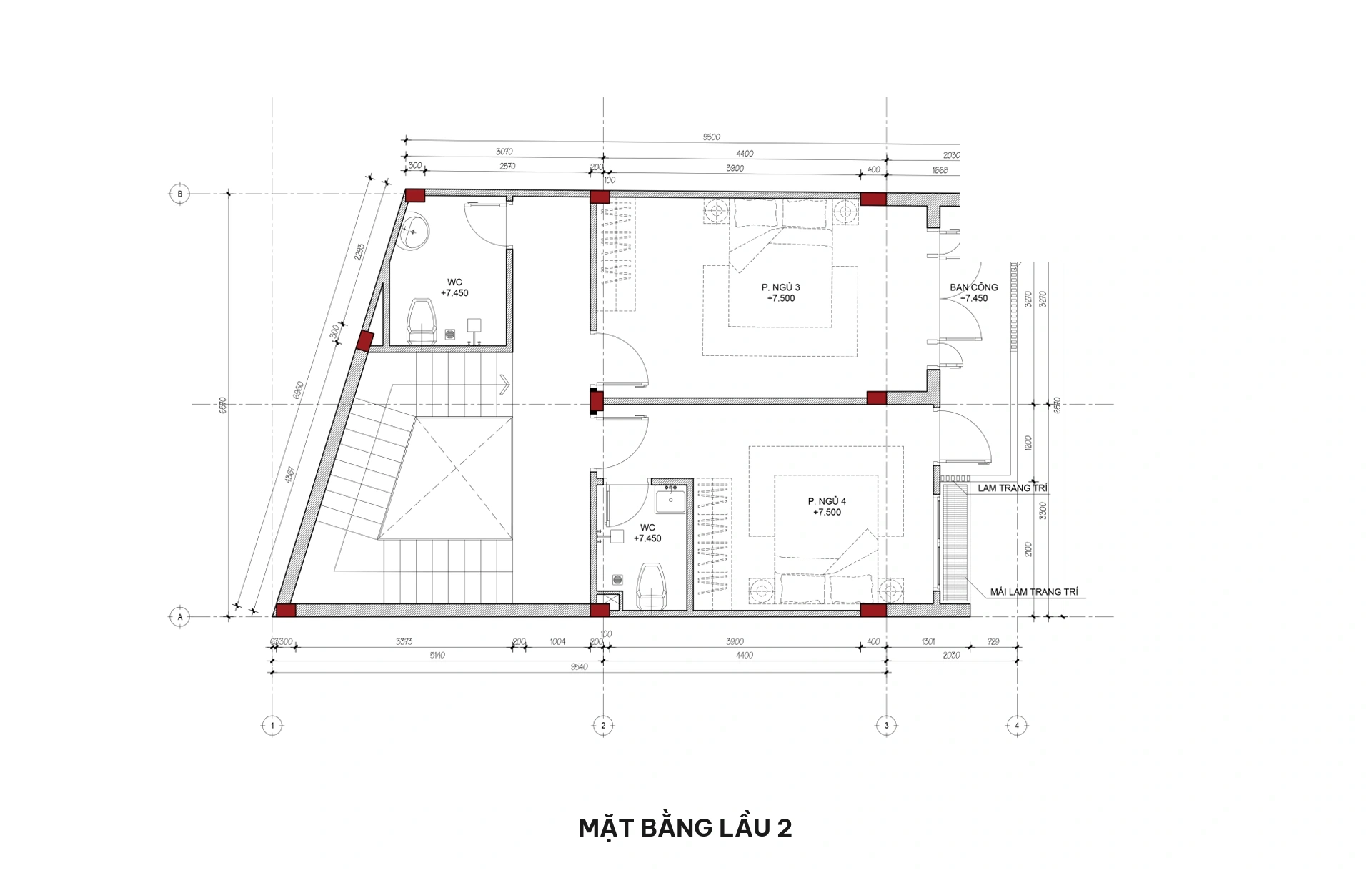 Mặt bằng lầu 2 nhà phố 5 tầng hiện đại