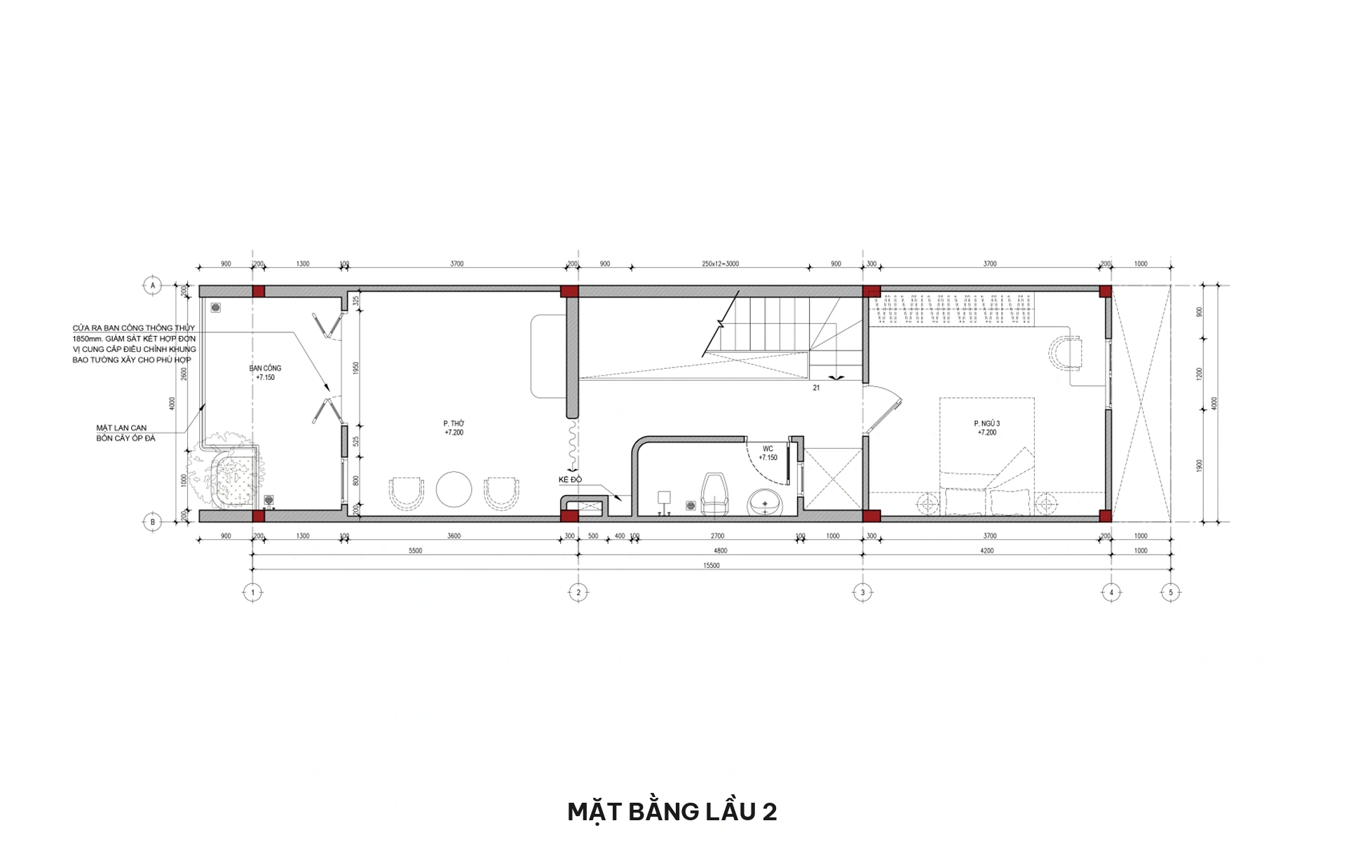 Mặt bằng lầu 2 nhà phố 3 tầng hiện đại