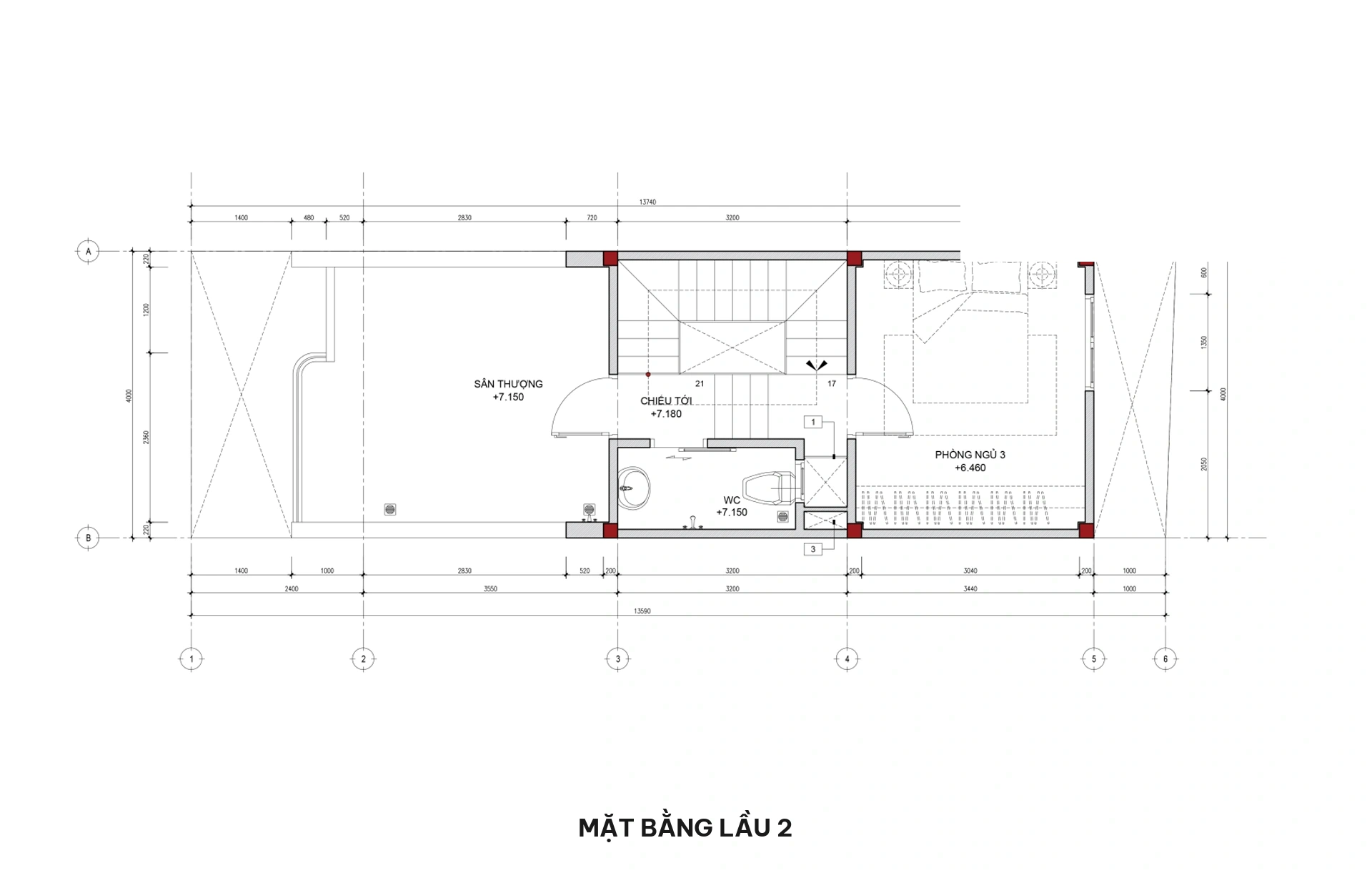 Mặt bằng lầu 2 nhà phố 3 tầng vòm cong