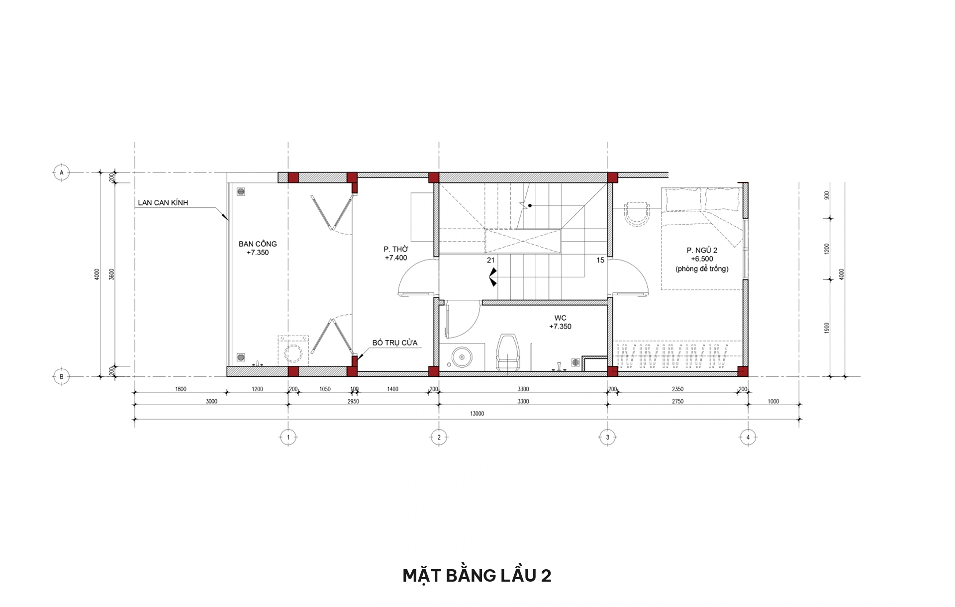 Mặt bằng lầu 2 nhà phố 3 tầng hiện đại
