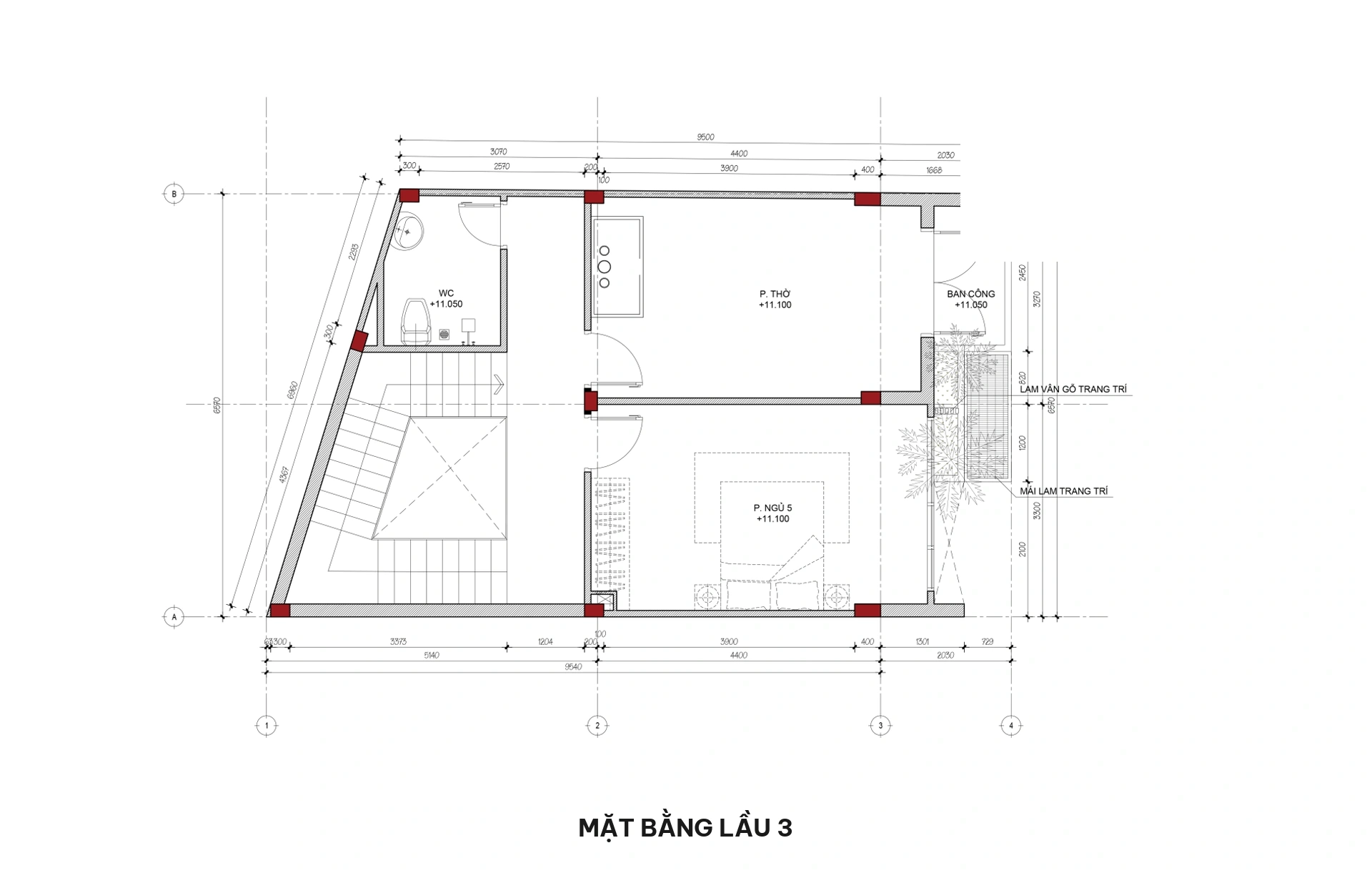 Mặt bằng lầu 3 nhà phố 5 tầng hiện đại