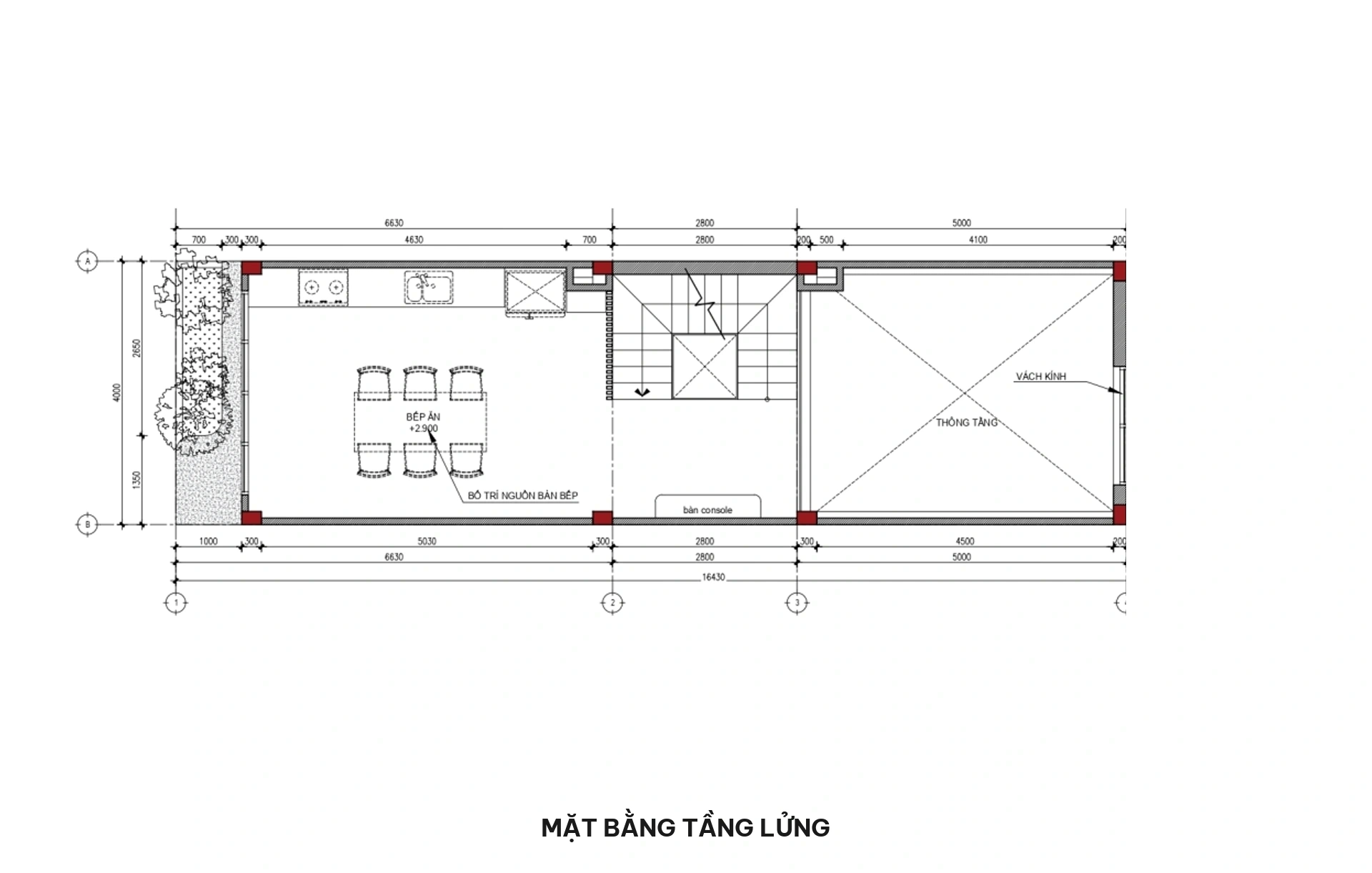 Bản vẽ mặt bằng bố trí công năng tầng lửng gồm khoảng thông tầng phòng khách cao ráo và khu vực bếp ăn gia đình ấm cúng