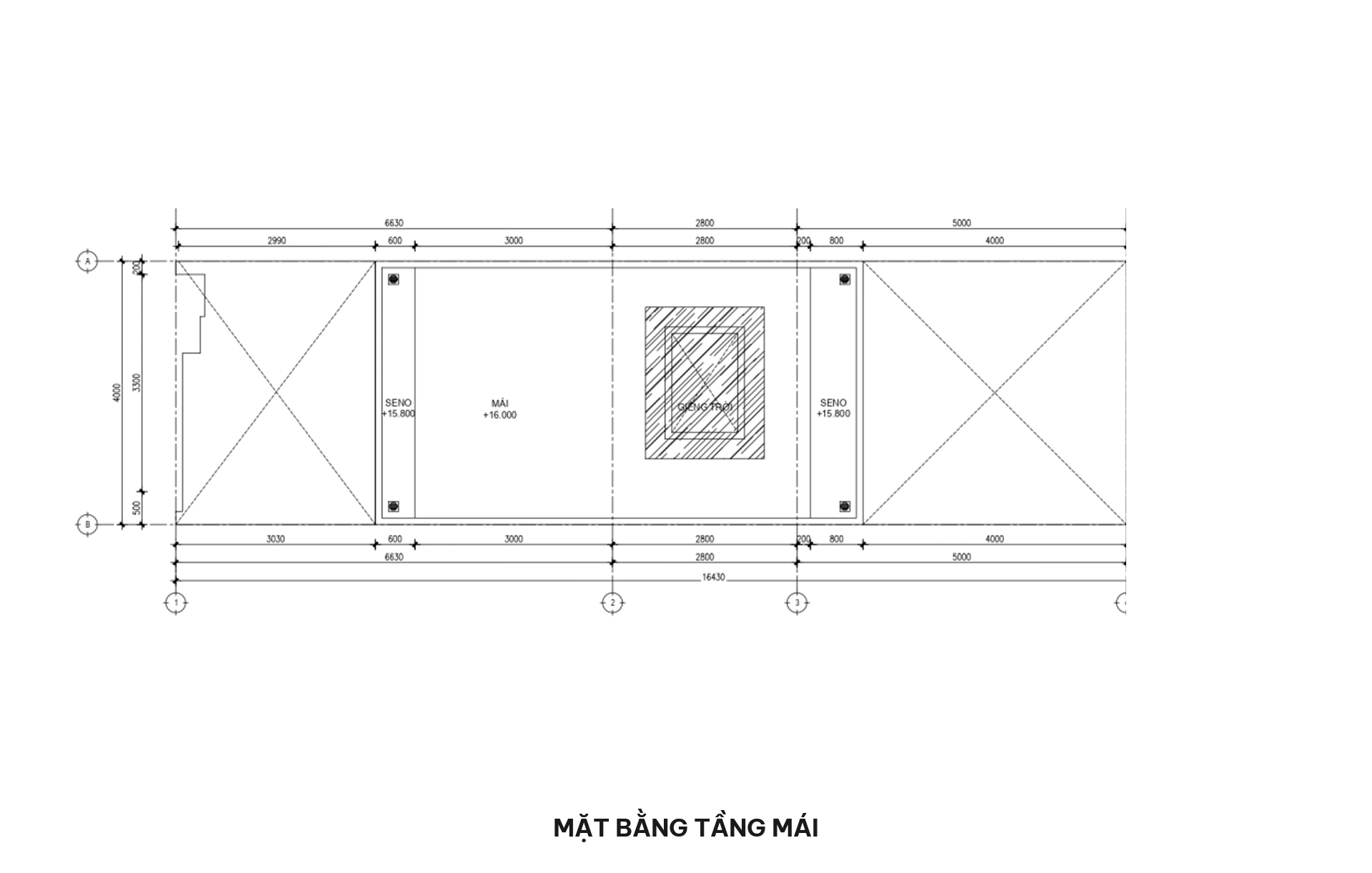 Bản vẽ mặt bằng tầng mái BTCT kiên cố kết hợp ô giếng trời trung tâm thông tầng đối lưu ánh sáng