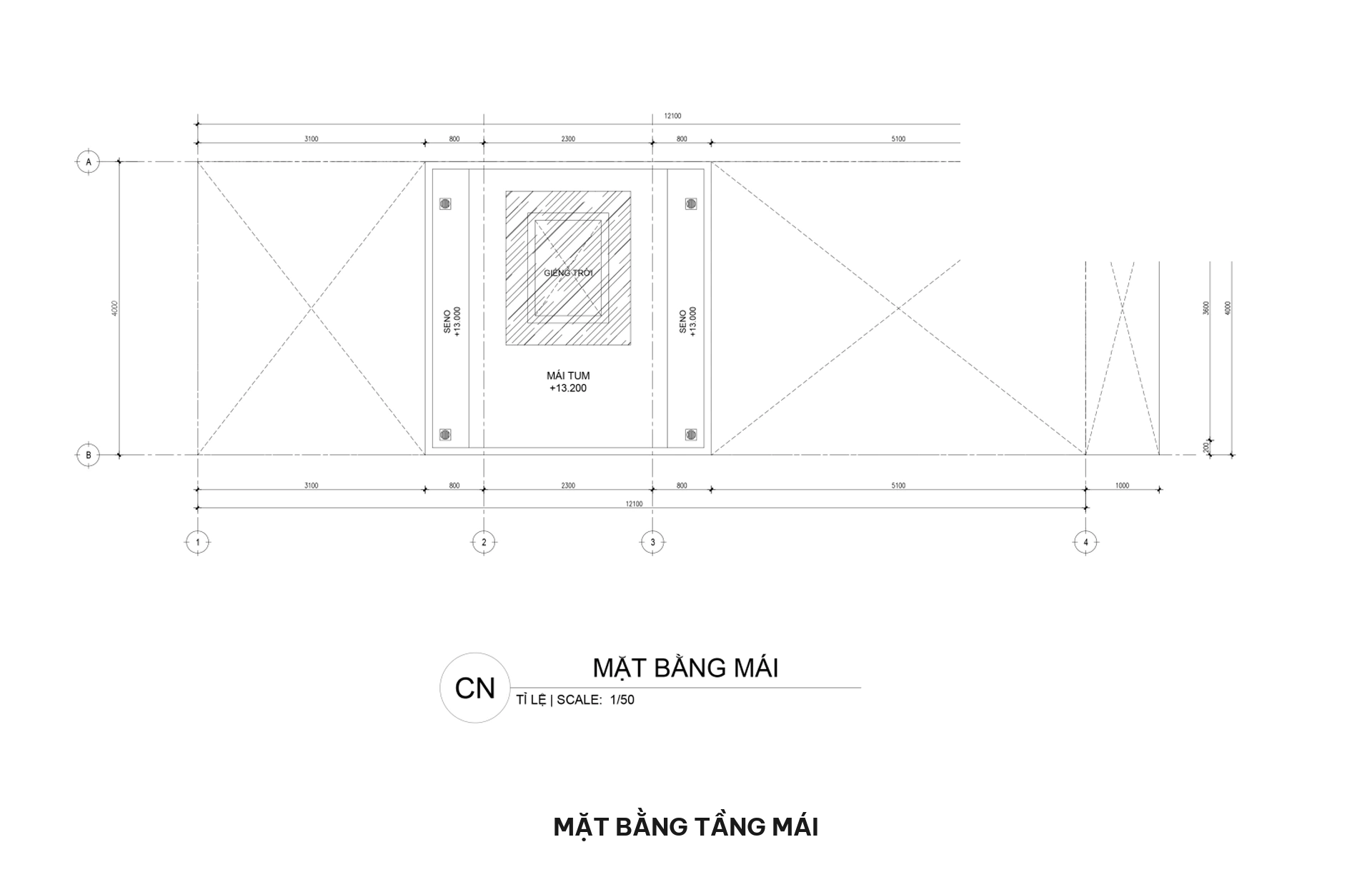 Bản vẽ mặt bằng tầng mái BTCT kiên cố kết hợp ô giếng trời trung tâm thông tầng đối lưu ánh sáng