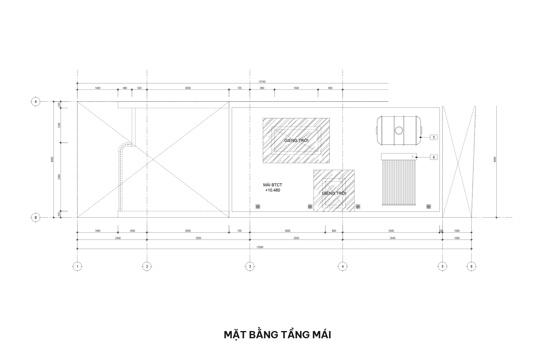 Mặt bằng tầng mái BTCT nhà phố 3 tầng vòm cong