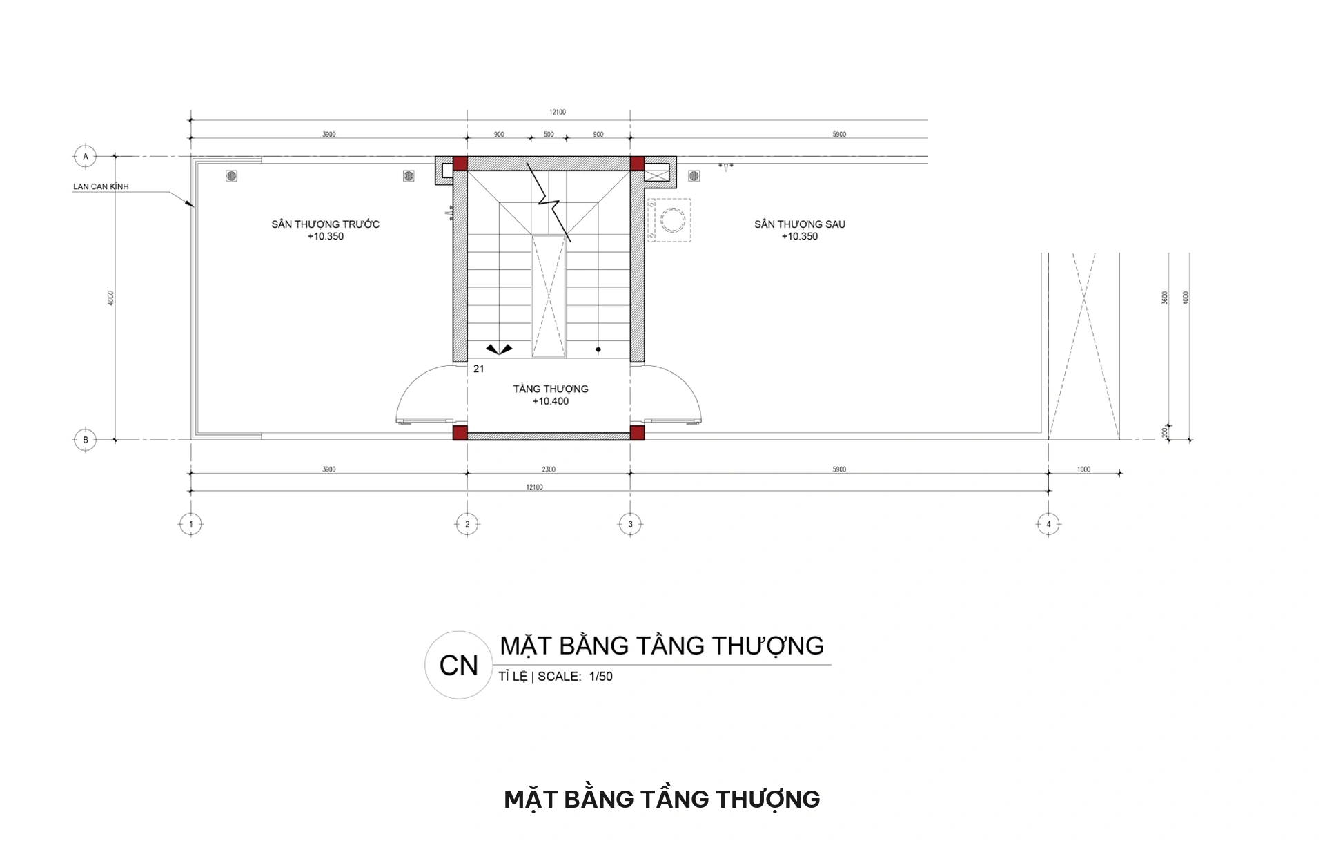 Bản vẽ mặt bằng bố trí công năng tầng thượng gồm 02 sân thượng trước sau ngắm cảnh BBQ, sảnh thang và kho chứa đồ