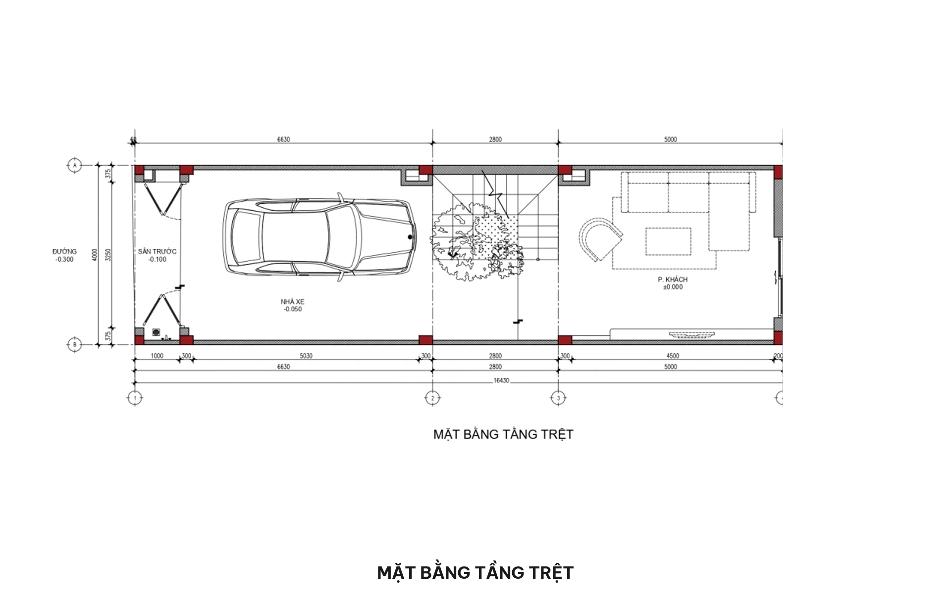 Bản vẽ mặt bằng bố trí công năng tầng trệt gồm sân trước để xe, phòng khách sang trọng, sảnh thang, sân sau và WC chung