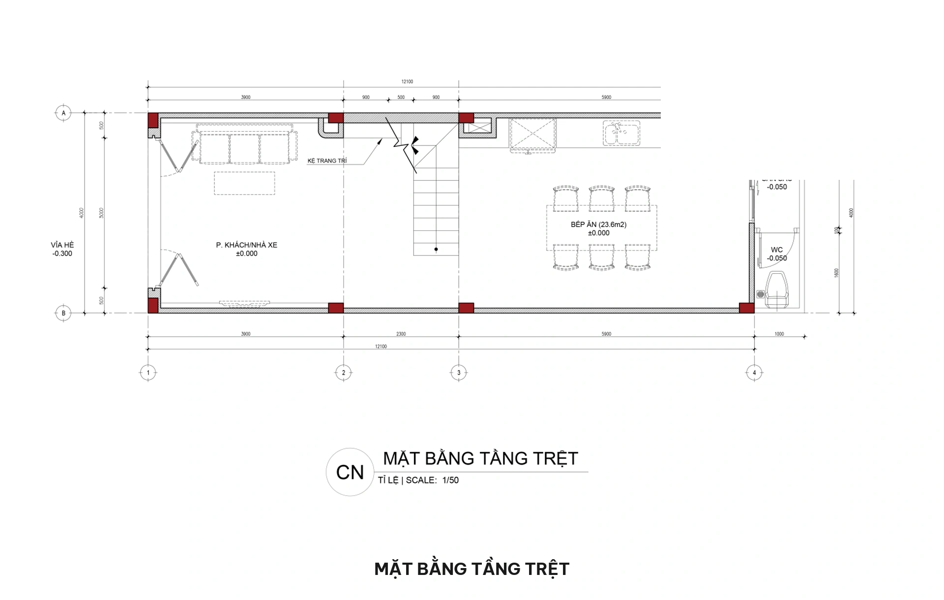 Bản vẽ mặt bằng bố trí công năng tầng trệt gồm sân trước để xe, phòng khách sang trọng, sảnh thang, bếp ăn liền mạch, sân sau và WC1