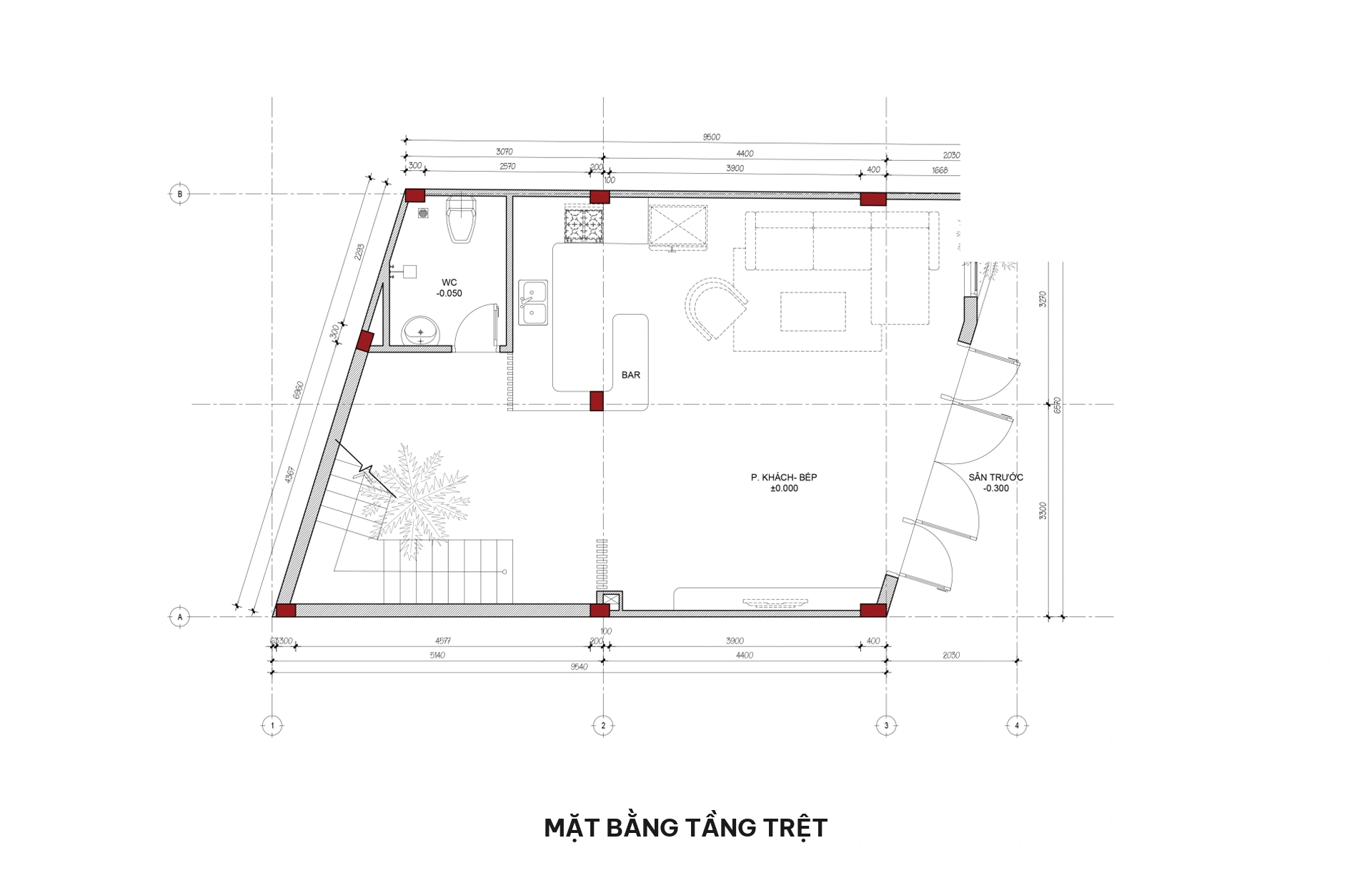 Mặt bằng tầng trệt nhà phố 5 tầng hiện đại