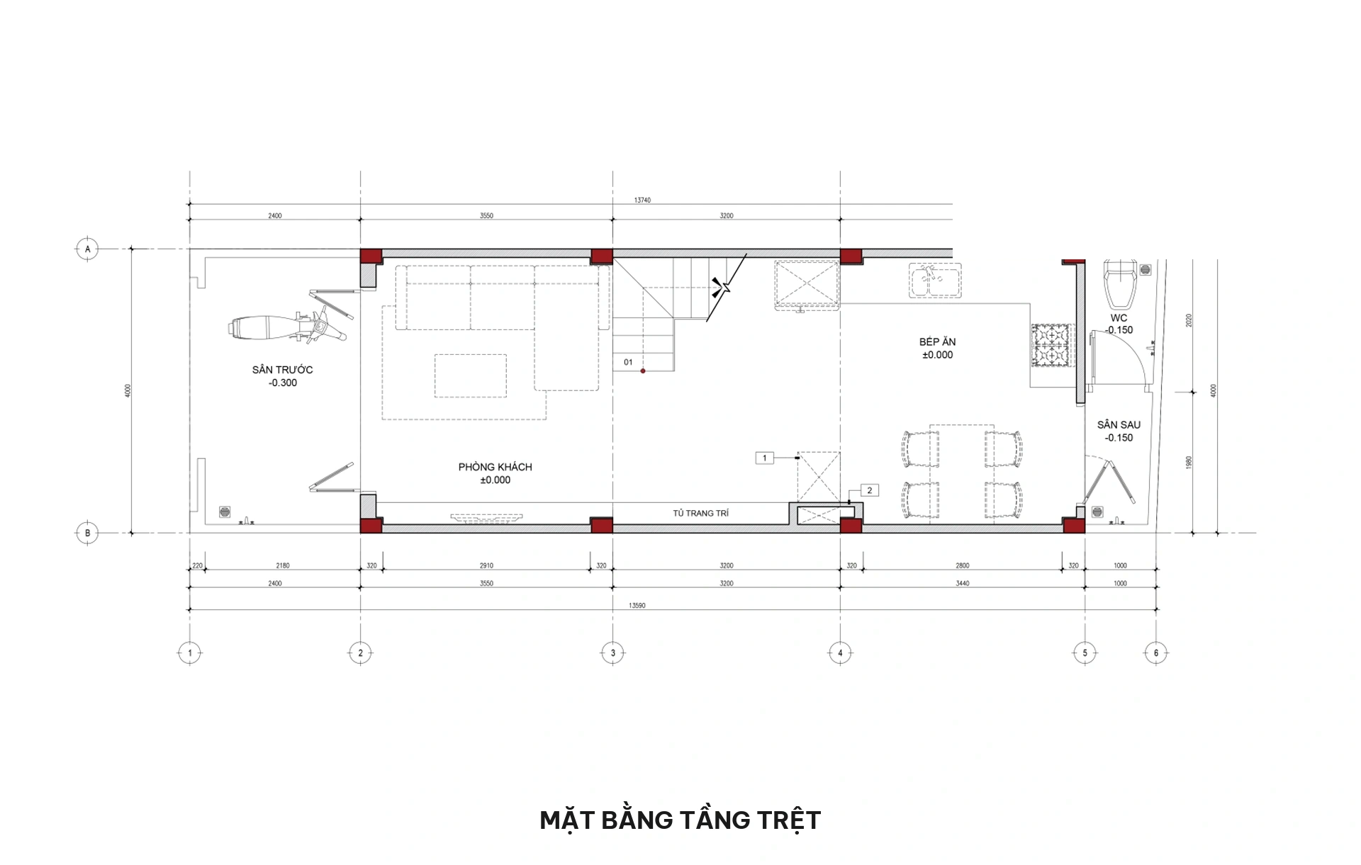 Mặt bằng tầng trệt nhà phố 3 tầng vòm cong